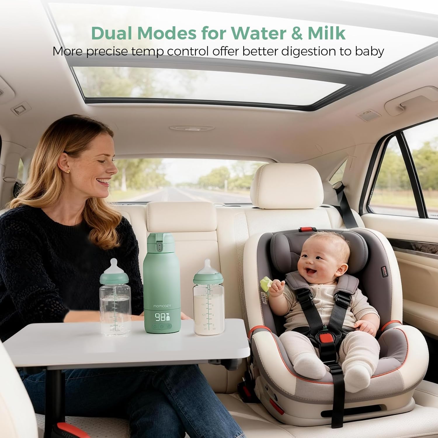 Portable bottle warmer in white with dual heating modes, USB charging cable, and large 17-ounce capacity for travel — detail