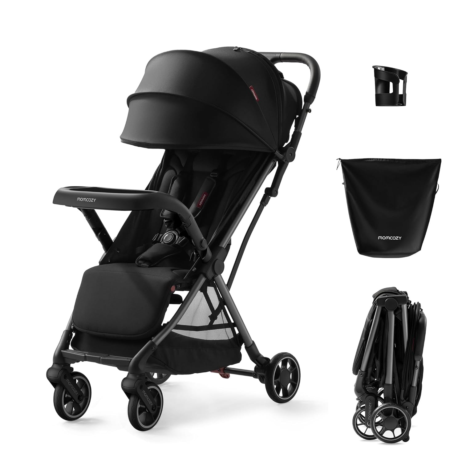 Lightweight compact stroller with one-click fold mechanism and extended UPF50+ canopy in gray, viewed from front angle — view 1