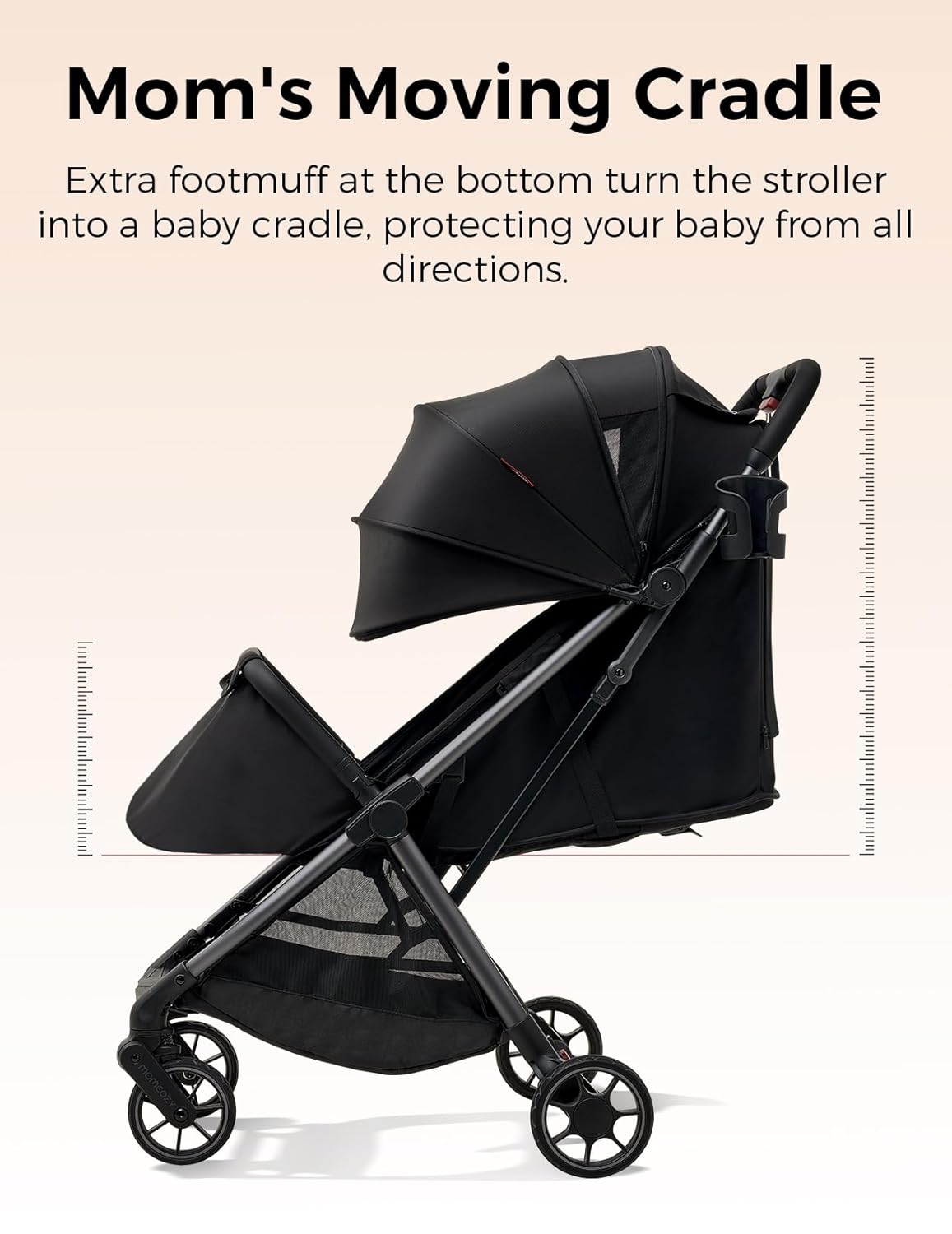 Lightweight compact stroller with one-click fold mechanism and extended UPF50+ canopy in gray, viewed from front angle — view 3