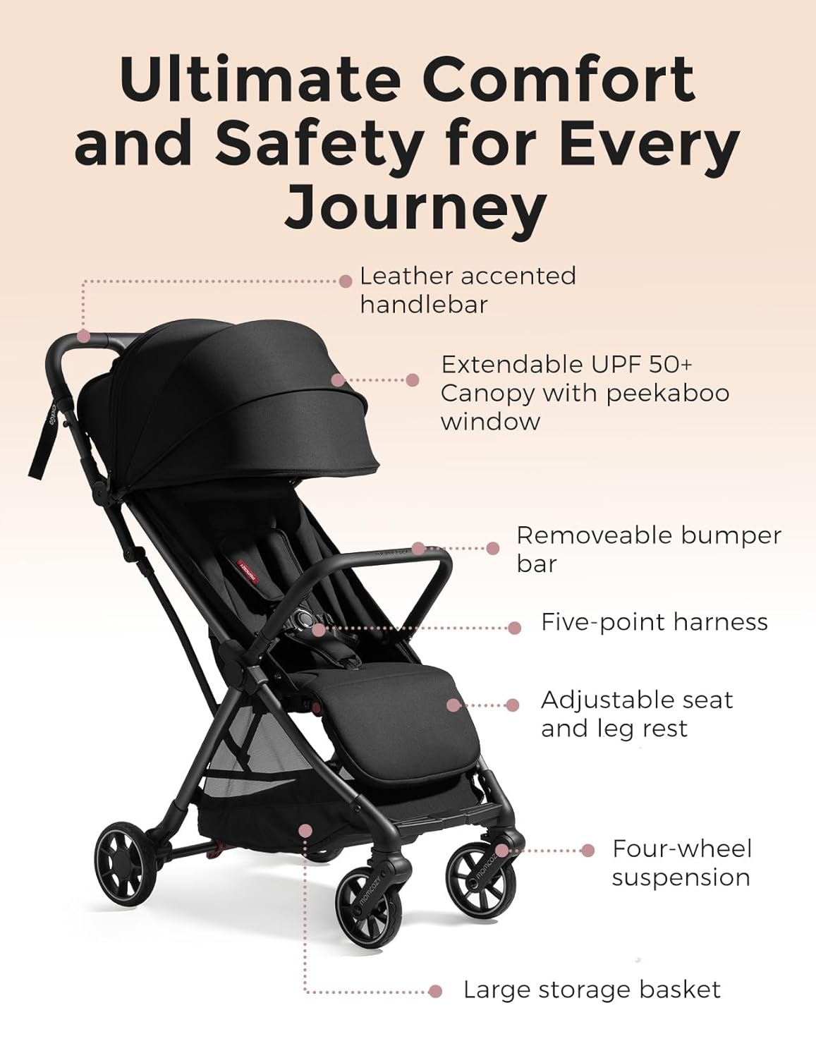 Lightweight compact stroller with one-click fold mechanism and extended UPF50+ canopy in gray, viewed from front angle — view 2