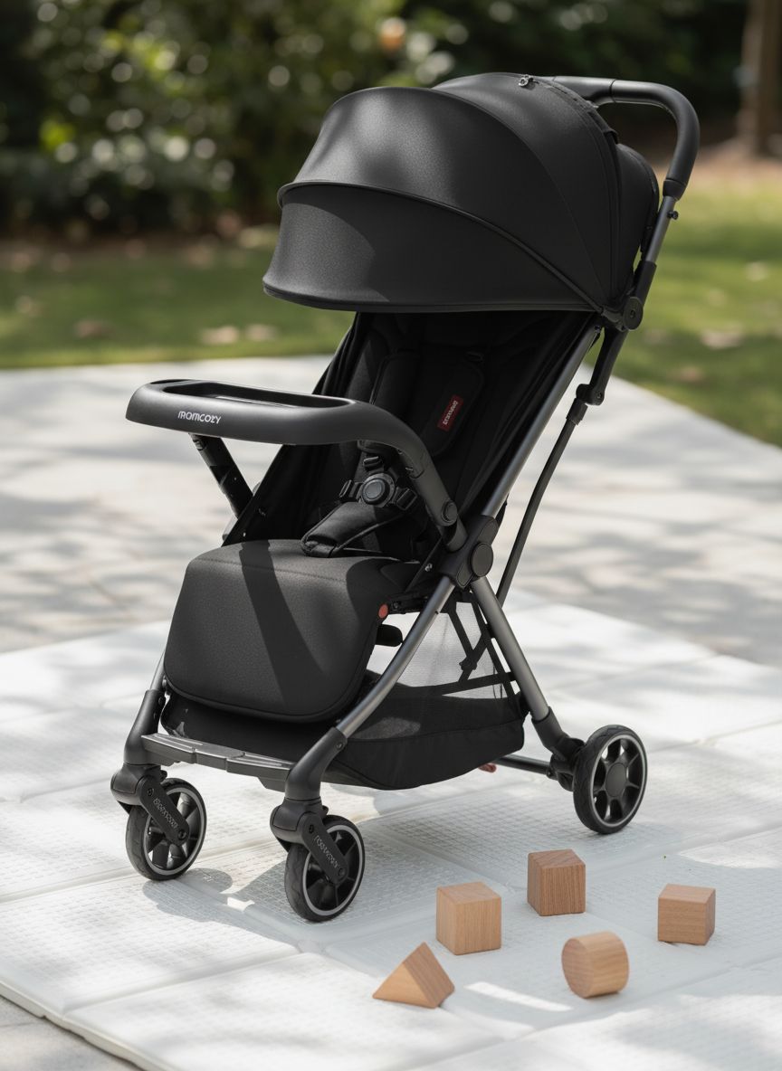 Lightweight compact stroller with one-click fold mechanism and extended UPF50+ canopy in gray, viewed from front angle โ view 1
