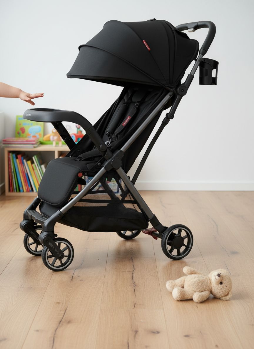 Lightweight compact stroller with one-click fold mechanism and extended UPF50+ canopy in gray, viewed from front angle โ view 3