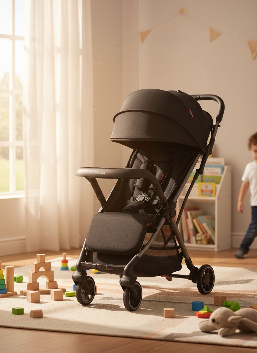 Lightweight compact stroller with one-click fold mechanism and extended UPF50+ canopy in gray, viewed from front angle โ view 2