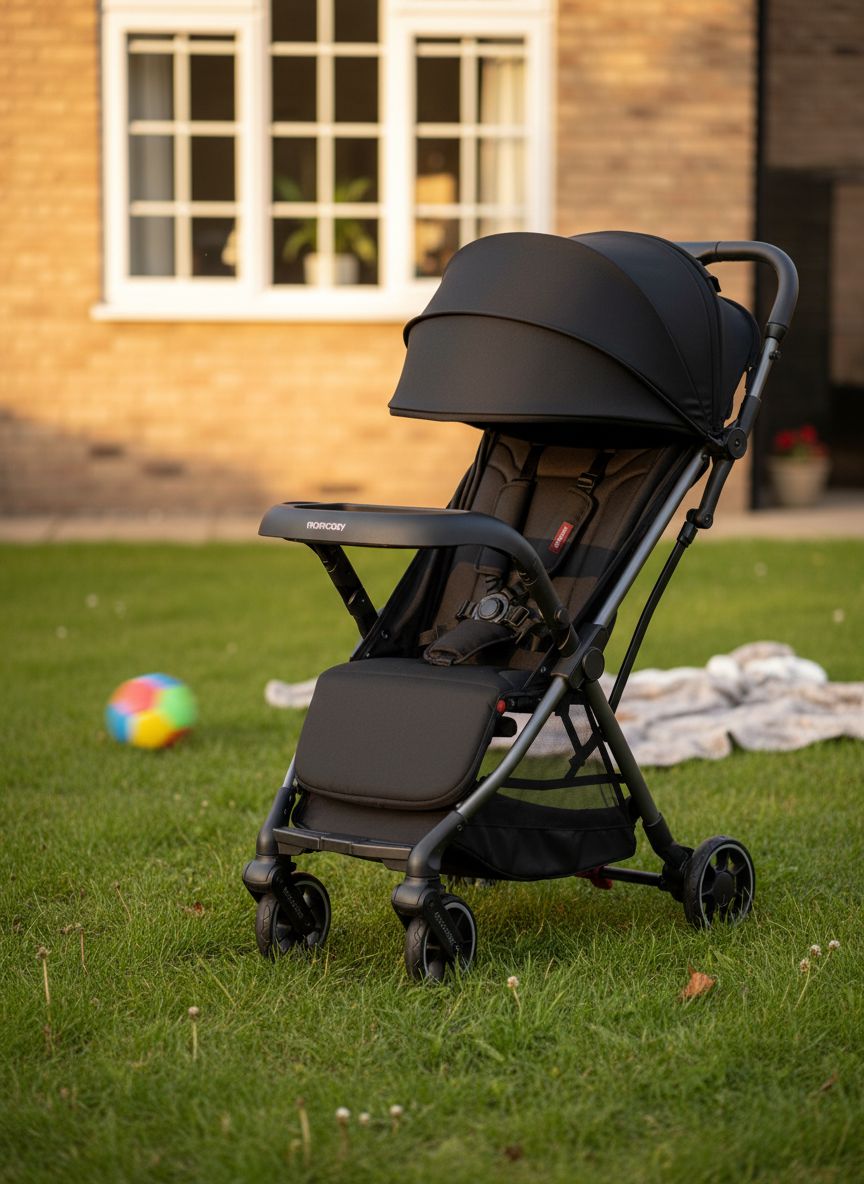 Lightweight compact stroller with one-click fold mechanism and extended UPF50+ canopy in gray, viewed from front angle โ view 3a