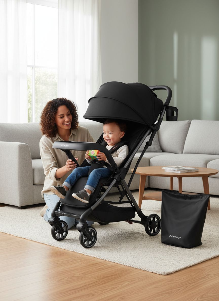 Lightweight compact stroller with one-click fold mechanism and extended UPF50+ canopy in gray, viewed from front angle โ view 6