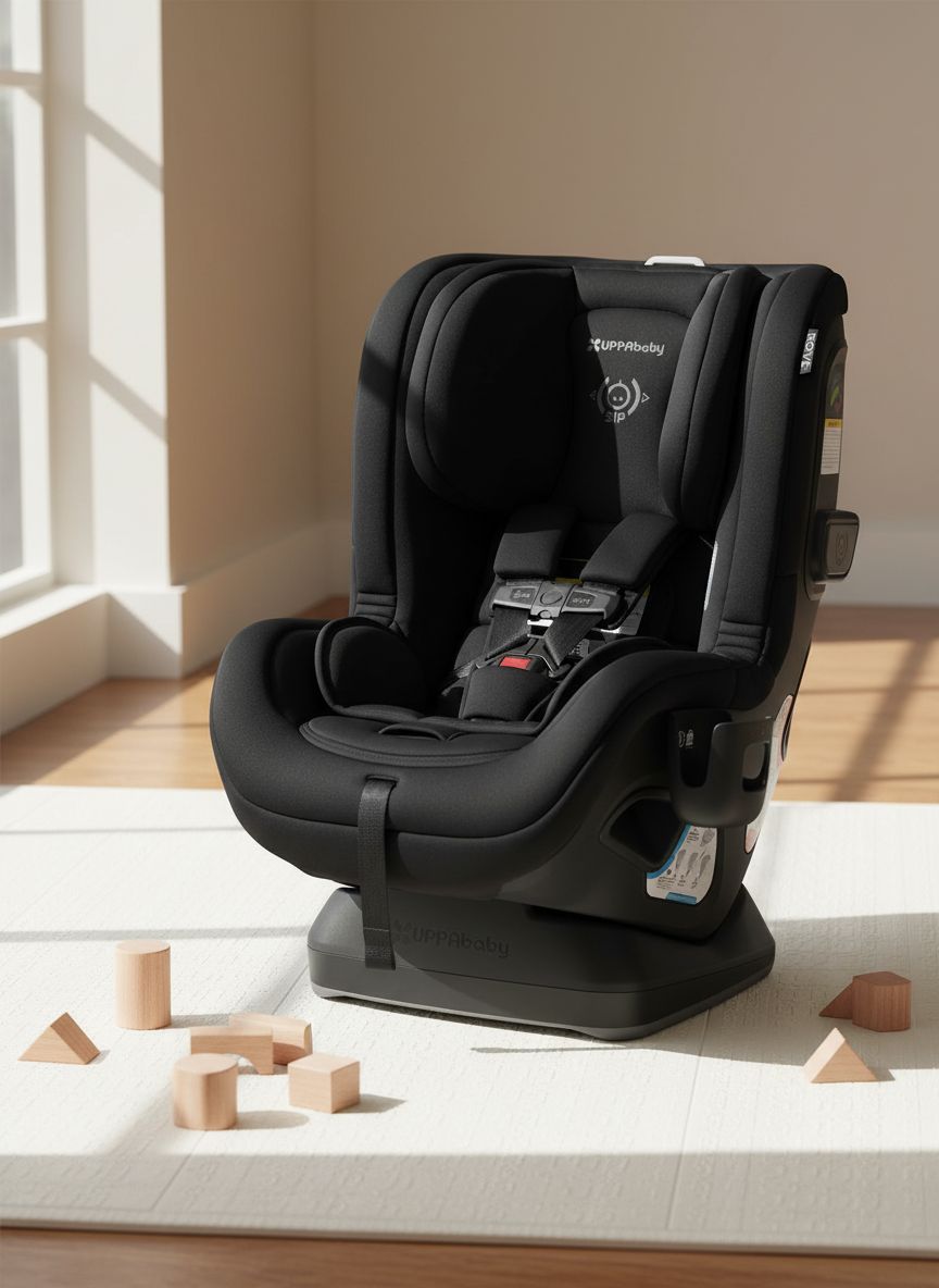UPPAbaby Rove convertible car seat in Jake black mélange with cup holder, showing rear-facing installation — view 1