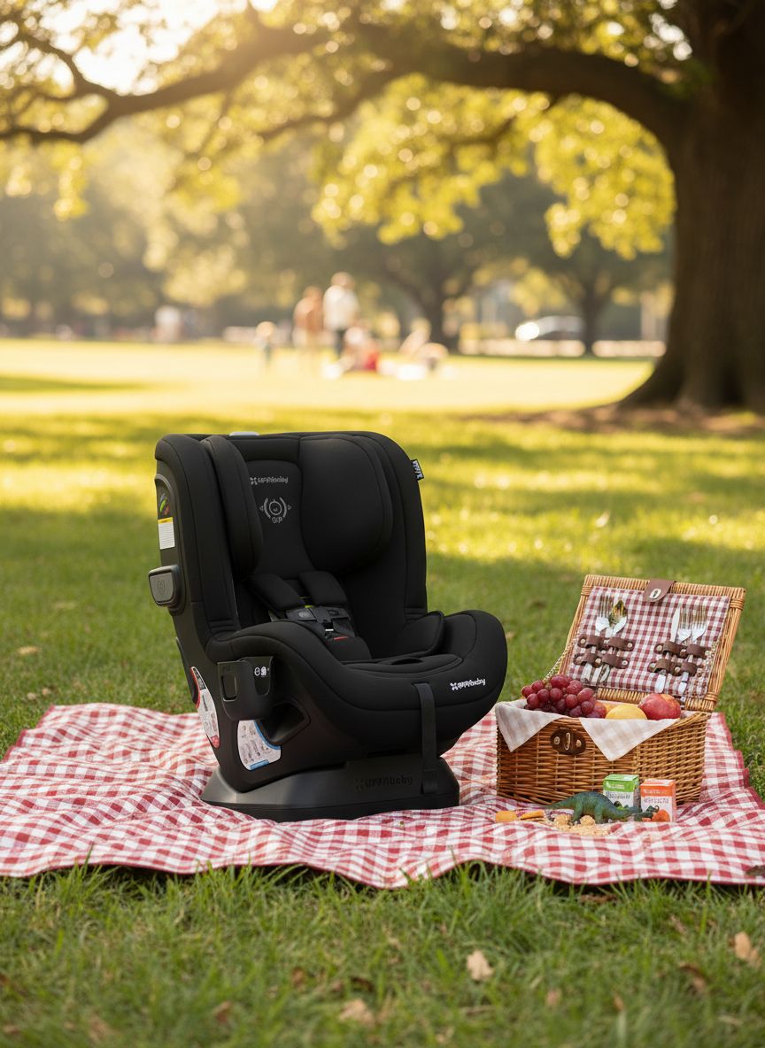 UPPAbaby Rove convertible car seat in Jake black mélange with cup holder, showing rear-facing installation — view 2