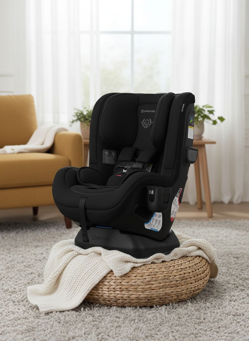 UPPAbaby Rove convertible car seat in Jake black mélange with cup holder, showing rear-facing installation — view 4