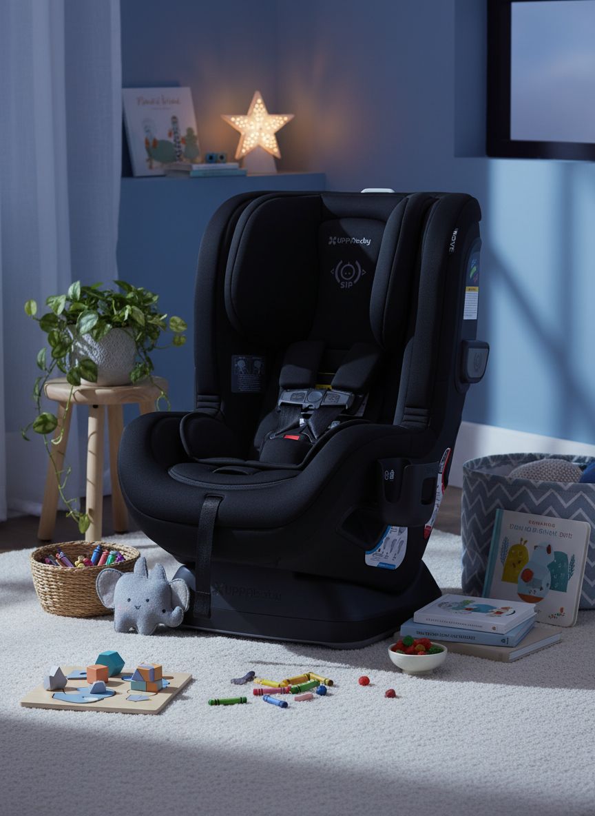 UPPAbaby Rove convertible car seat in Jake black mélange with cup holder, showing rear-facing installation — view 5a