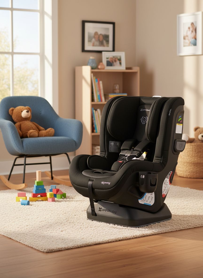 UPPAbaby Rove convertible car seat in Jake black mélange with cup holder, showing rear-facing installation — view 6