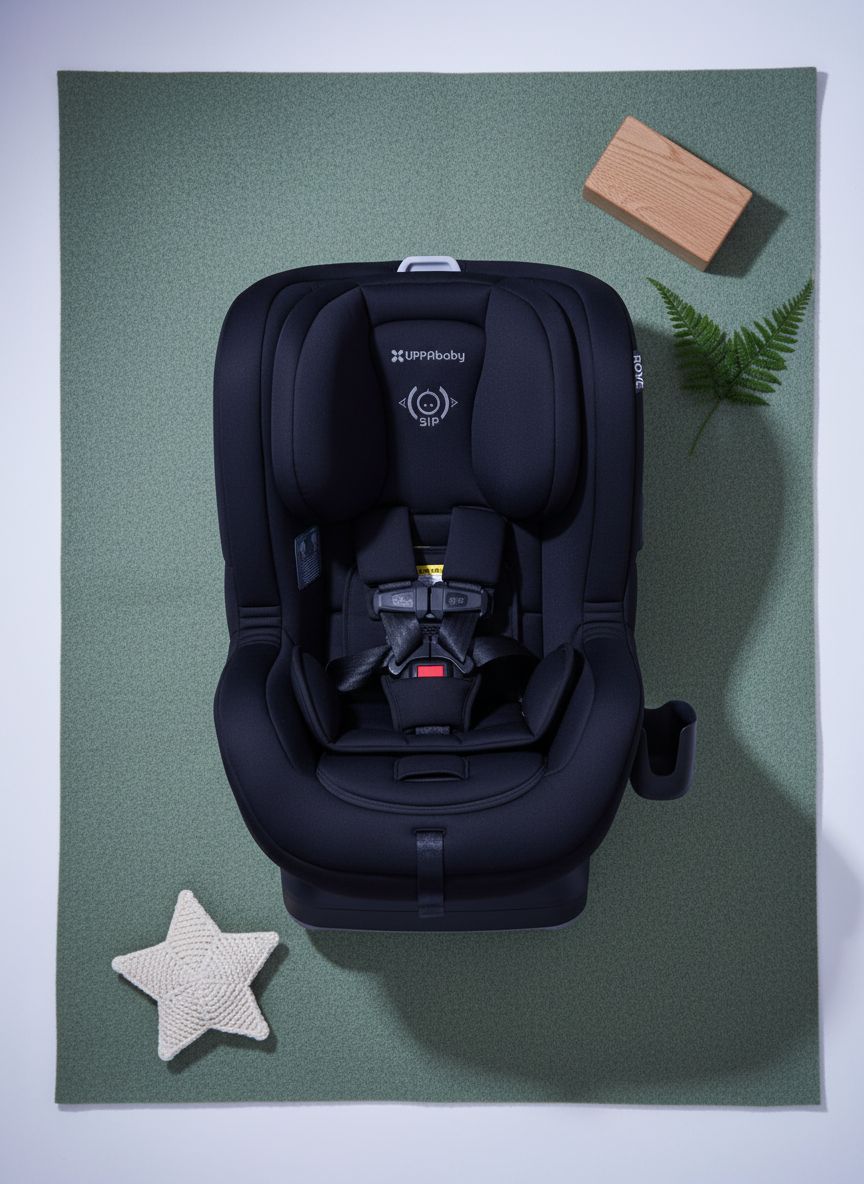 UPPAbaby Rove convertible car seat in Jake black mélange with cup holder, showing rear-facing installation — view 7a