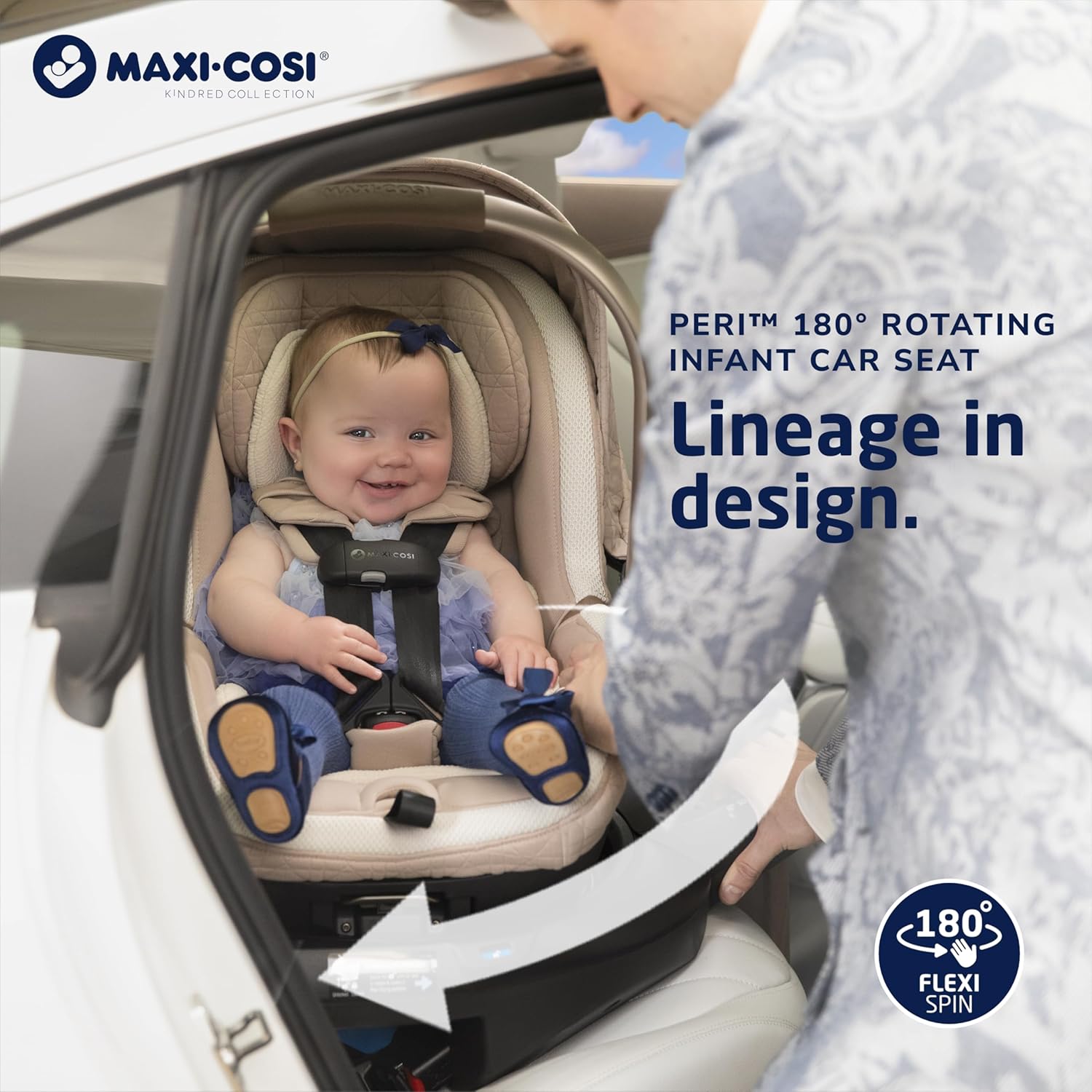 Maxi-Cosi Peri 180° rotating infant car seat in natural heritage color, shown with 180-degree swivel base — view 2