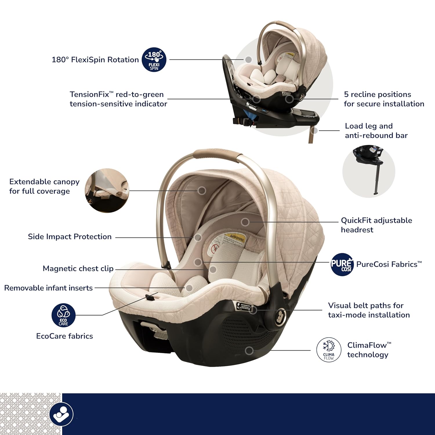 Maxi-Cosi Peri 180° rotating infant car seat in natural heritage color, shown with 180-degree swivel base — view 3
