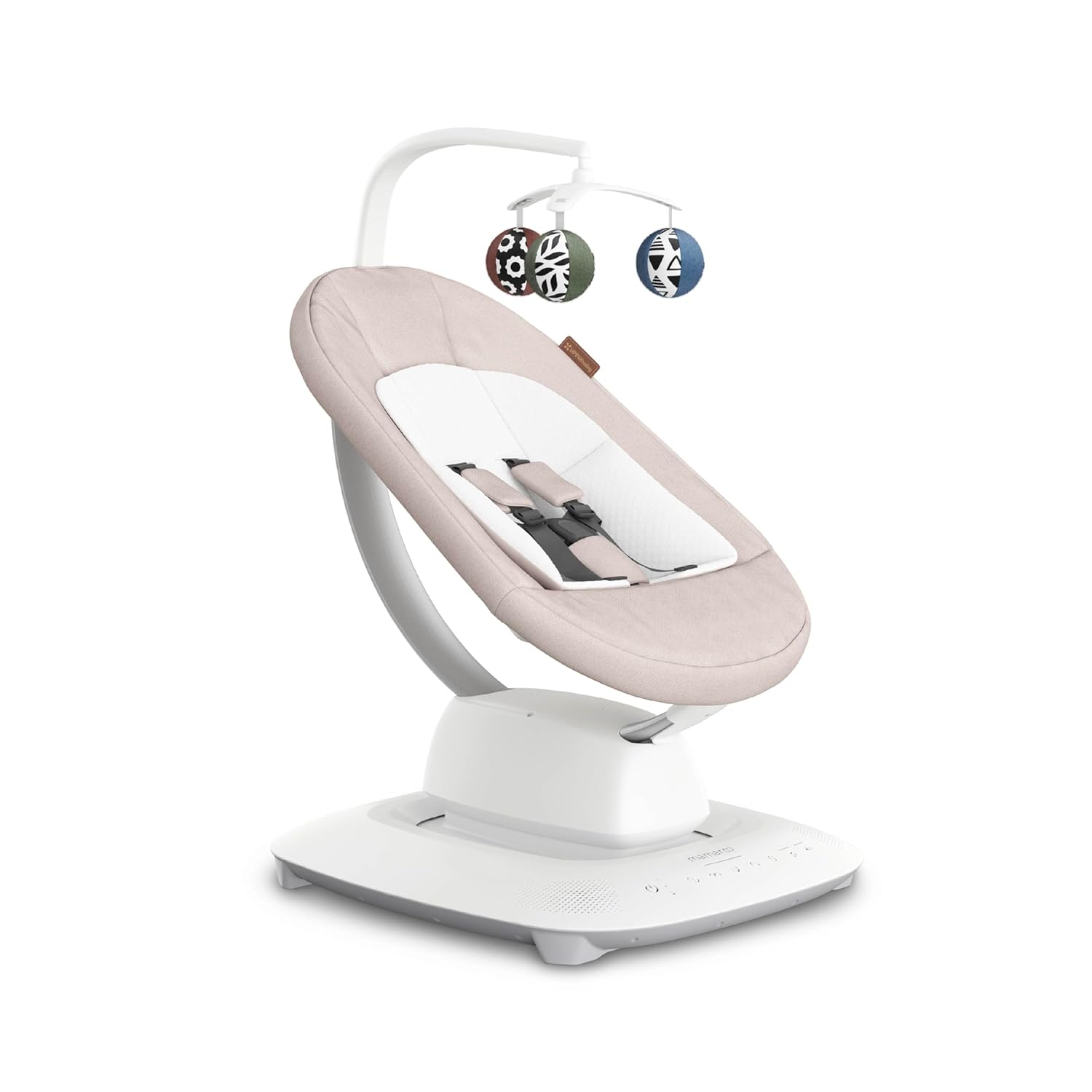 UPPAbaby Mamaroo Smart Swing in sand mélange with newborn insert and Bluetooth-enabled control panel — front