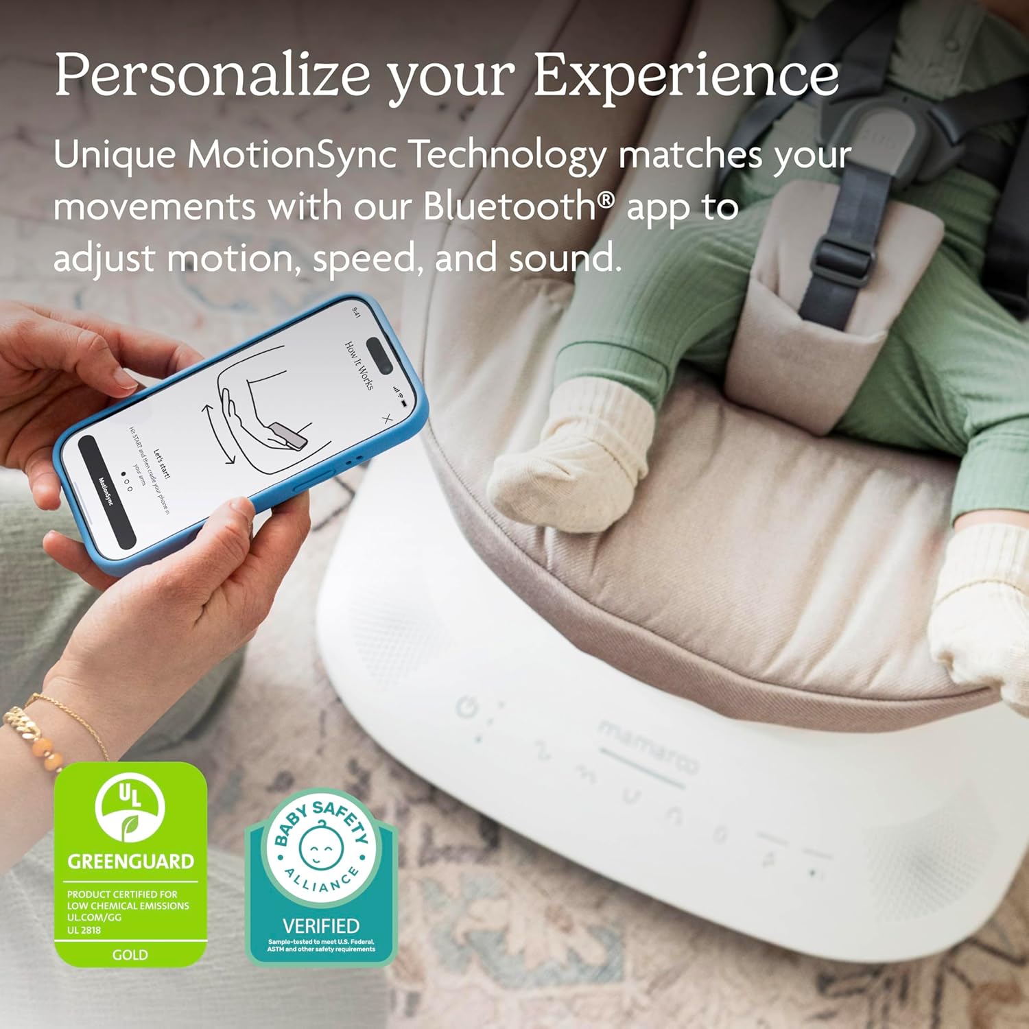 UPPAbaby Mamaroo Smart Swing in sand mélange with newborn insert and Bluetooth-enabled control panel — back