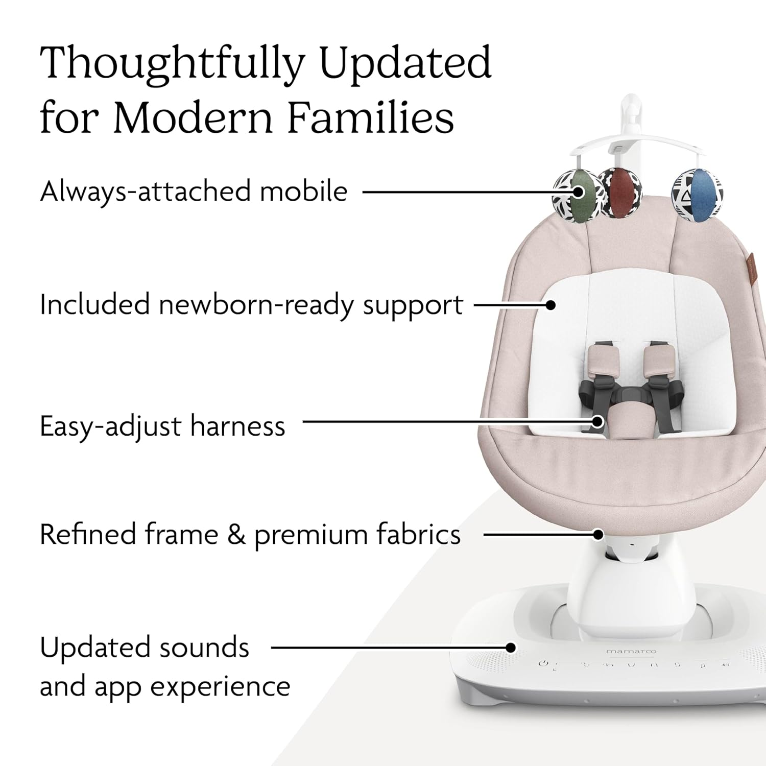 UPPAbaby Mamaroo Smart Swing in sand mélange with newborn insert and Bluetooth-enabled control panel — detail