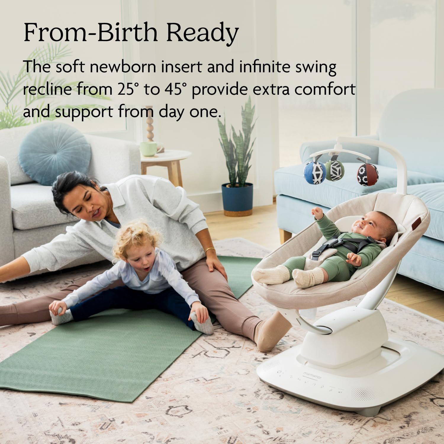 UPPAbaby Mamaroo Smart Swing in sand mélange with newborn insert and Bluetooth-enabled control panel — view 2
