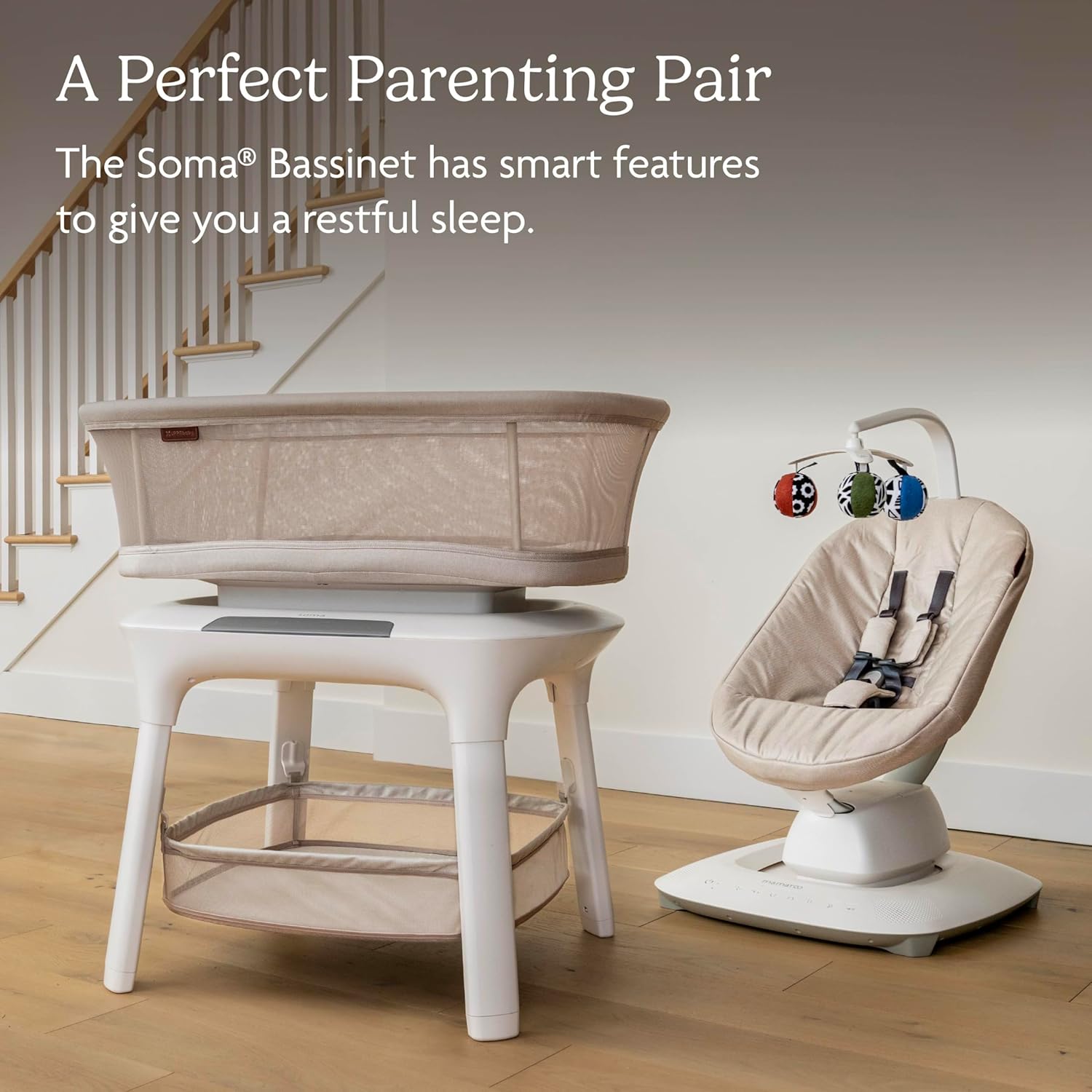 UPPAbaby Mamaroo Smart Swing in sand mélange with newborn insert and Bluetooth-enabled control panel — view 5