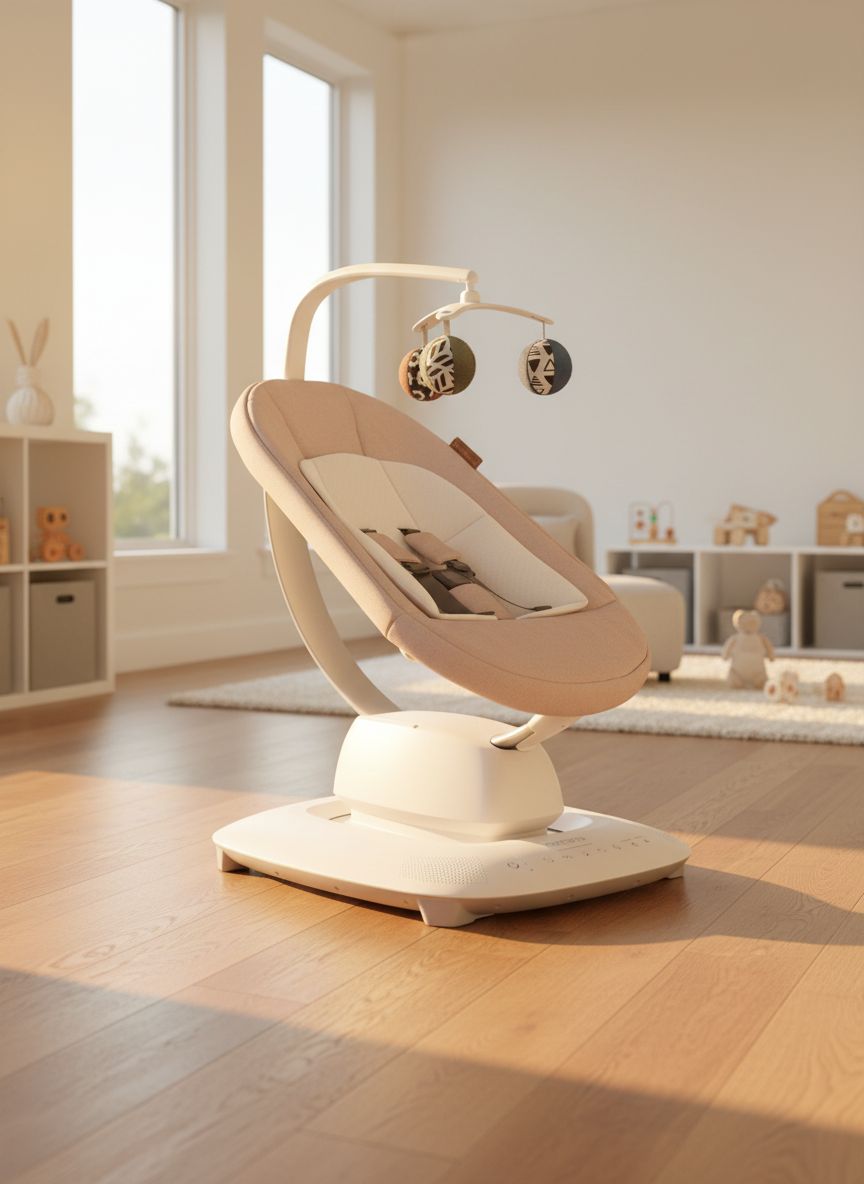 UPPAbaby Mamaroo Smart Swing in sand mélange with newborn insert and Bluetooth-enabled control panel — view 1