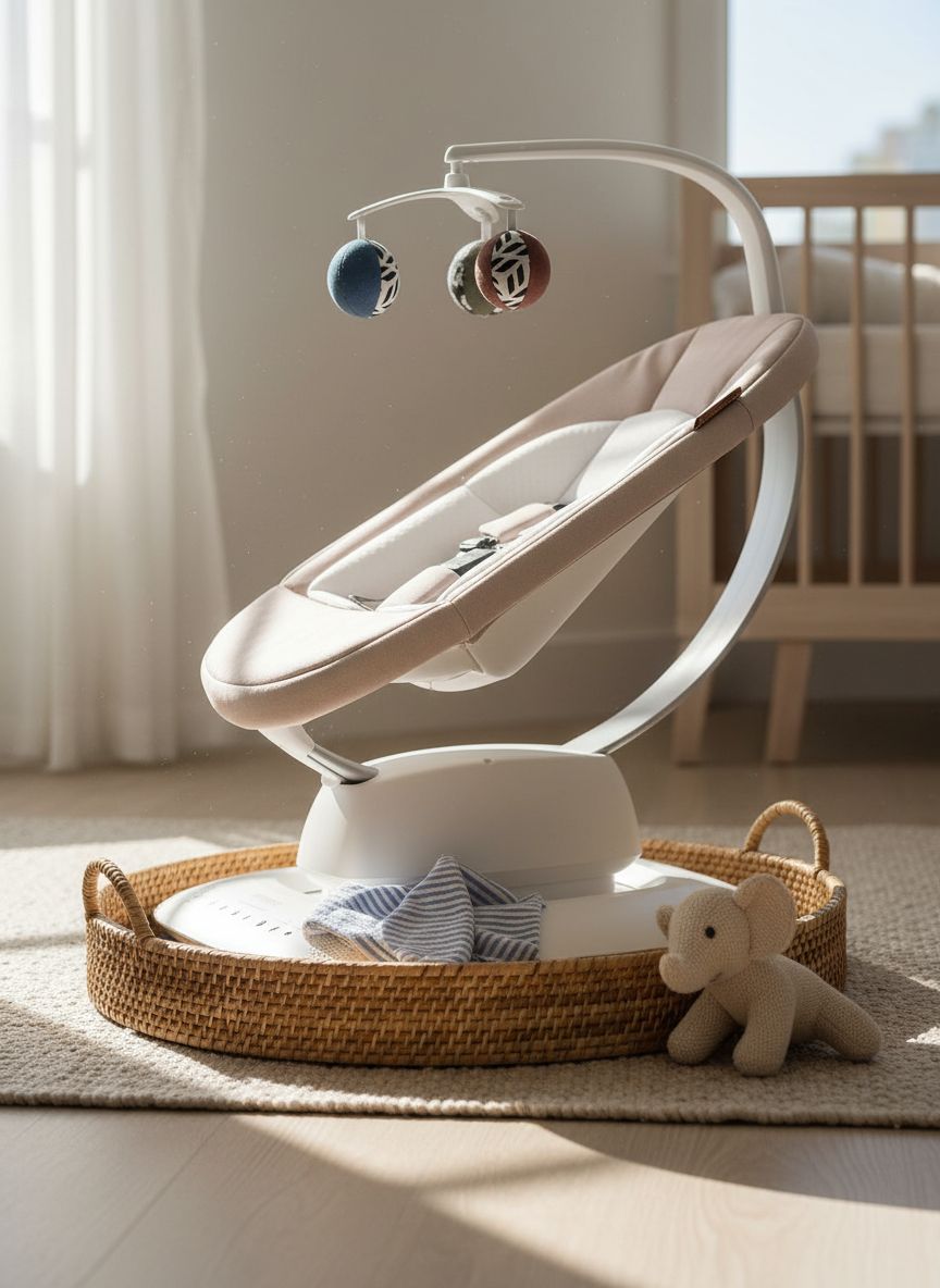 UPPAbaby Mamaroo Smart Swing in sand mélange with newborn insert and Bluetooth-enabled control panel — view 3