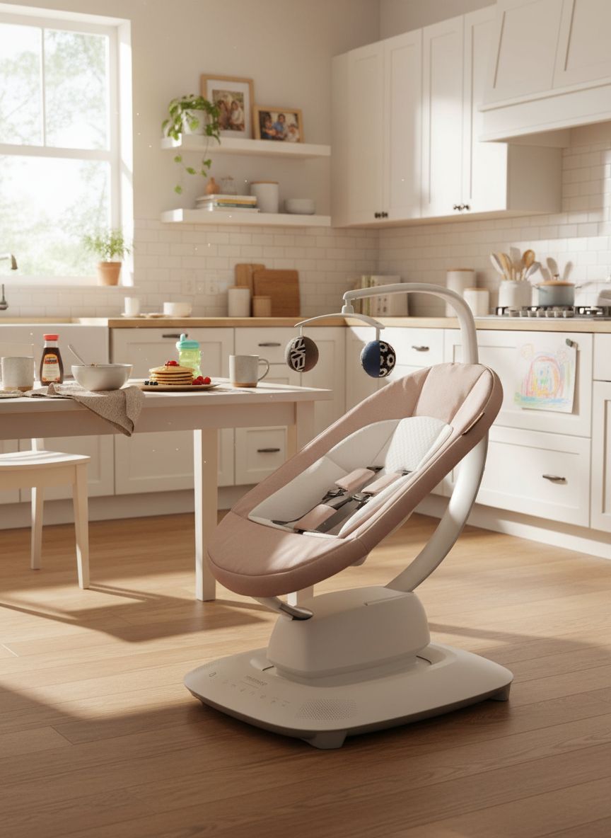 UPPAbaby Mamaroo Smart Swing in sand mélange with newborn insert and Bluetooth-enabled control panel — view 2