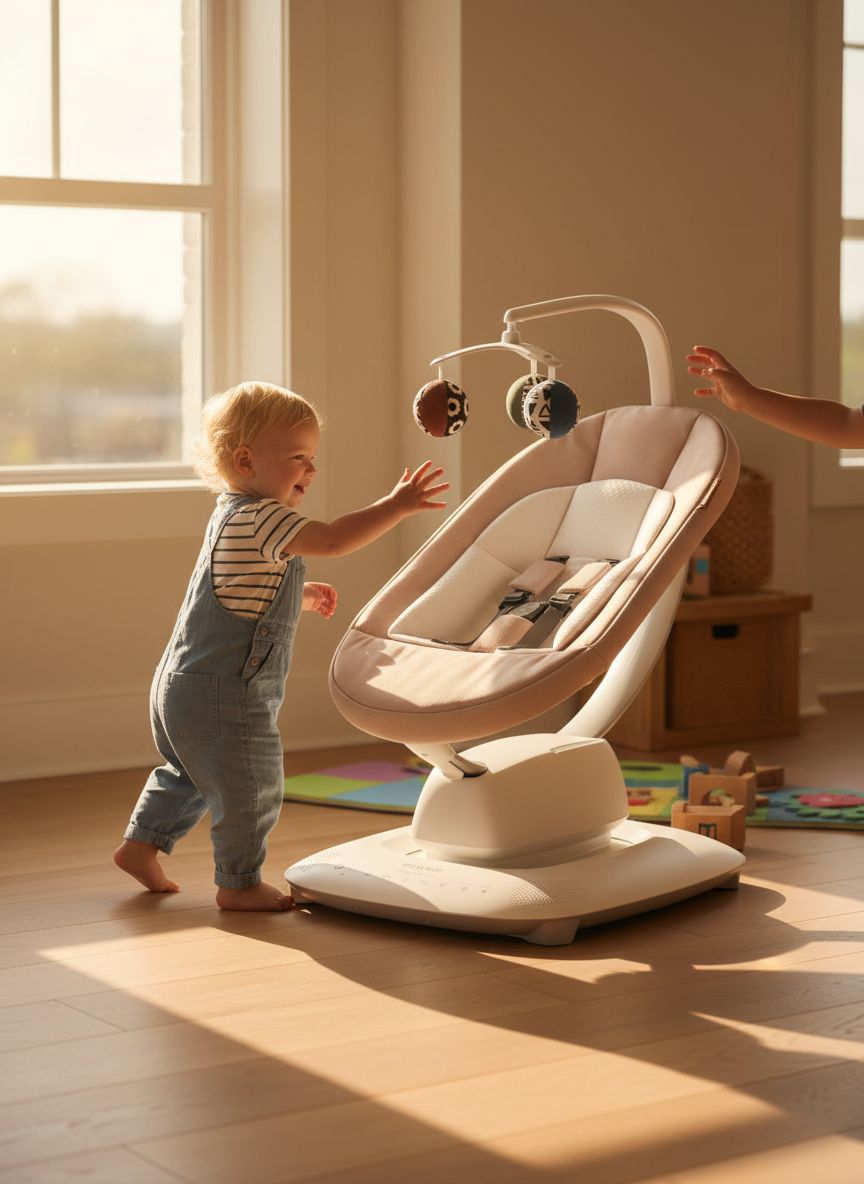 UPPAbaby Mamaroo Smart Swing in sand mélange with newborn insert and Bluetooth-enabled control panel — view 3a
