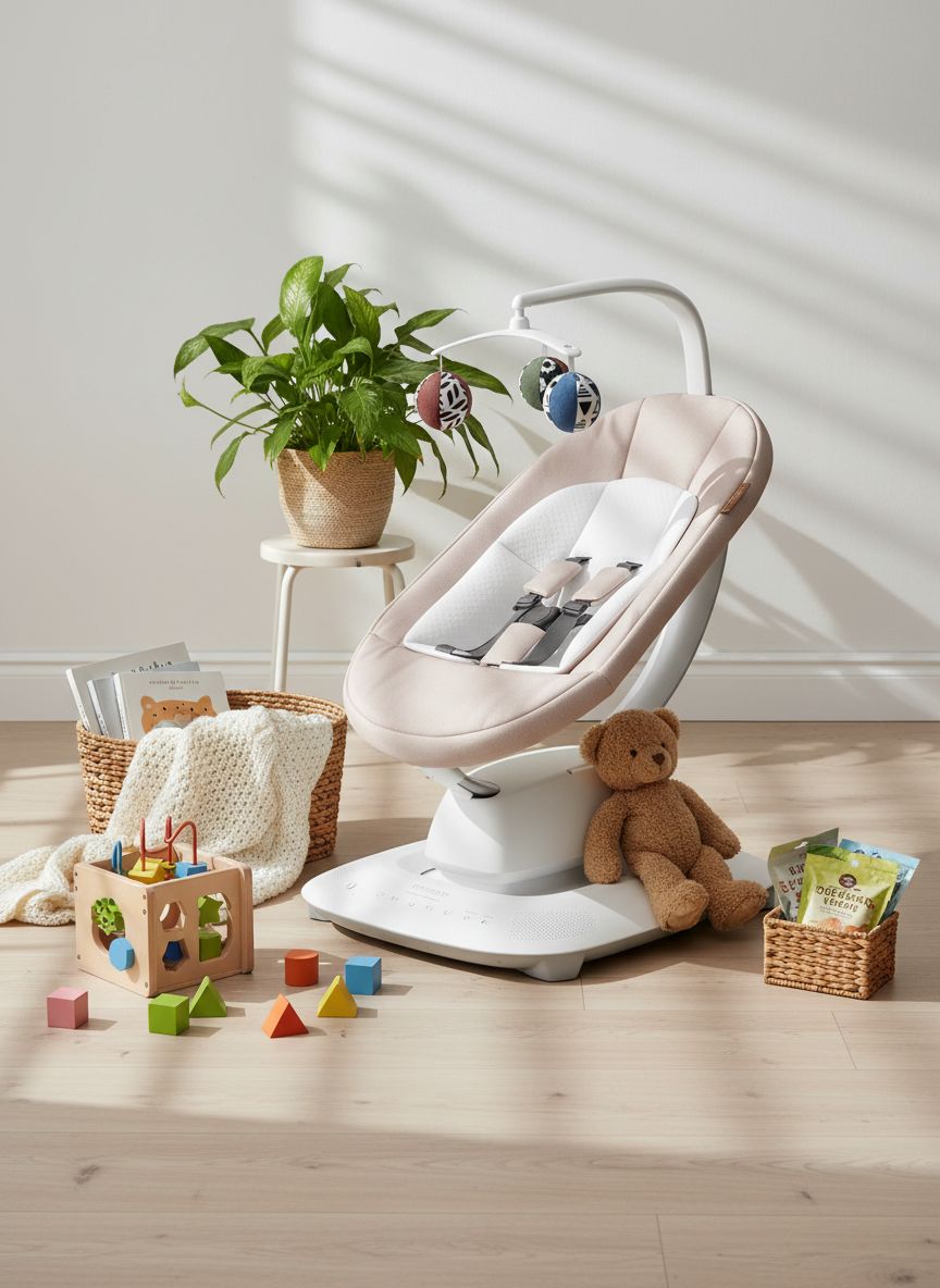 UPPAbaby Mamaroo Smart Swing in sand mélange with newborn insert and Bluetooth-enabled control panel — view 5a