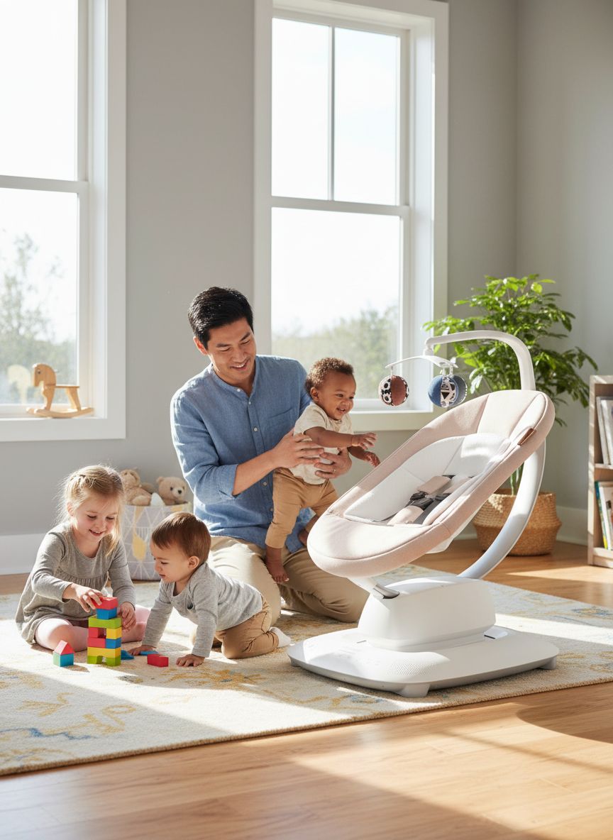 UPPAbaby Mamaroo Smart Swing in sand mélange with newborn insert and Bluetooth-enabled control panel — view 6