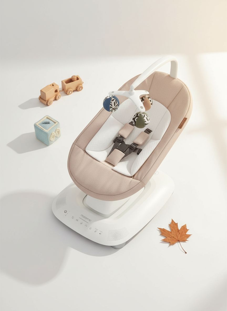 UPPAbaby Mamaroo Smart Swing in sand mélange with newborn insert and Bluetooth-enabled control panel — view 7a