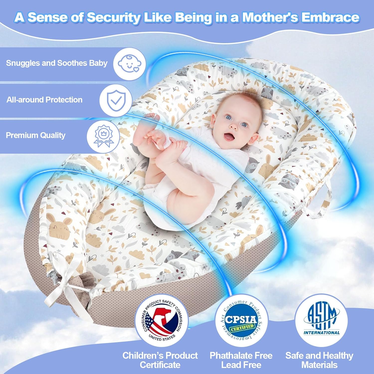 Cozy gray portable baby lounger nest with soft padding, designed for newborn sensory support and floor play — view 2
