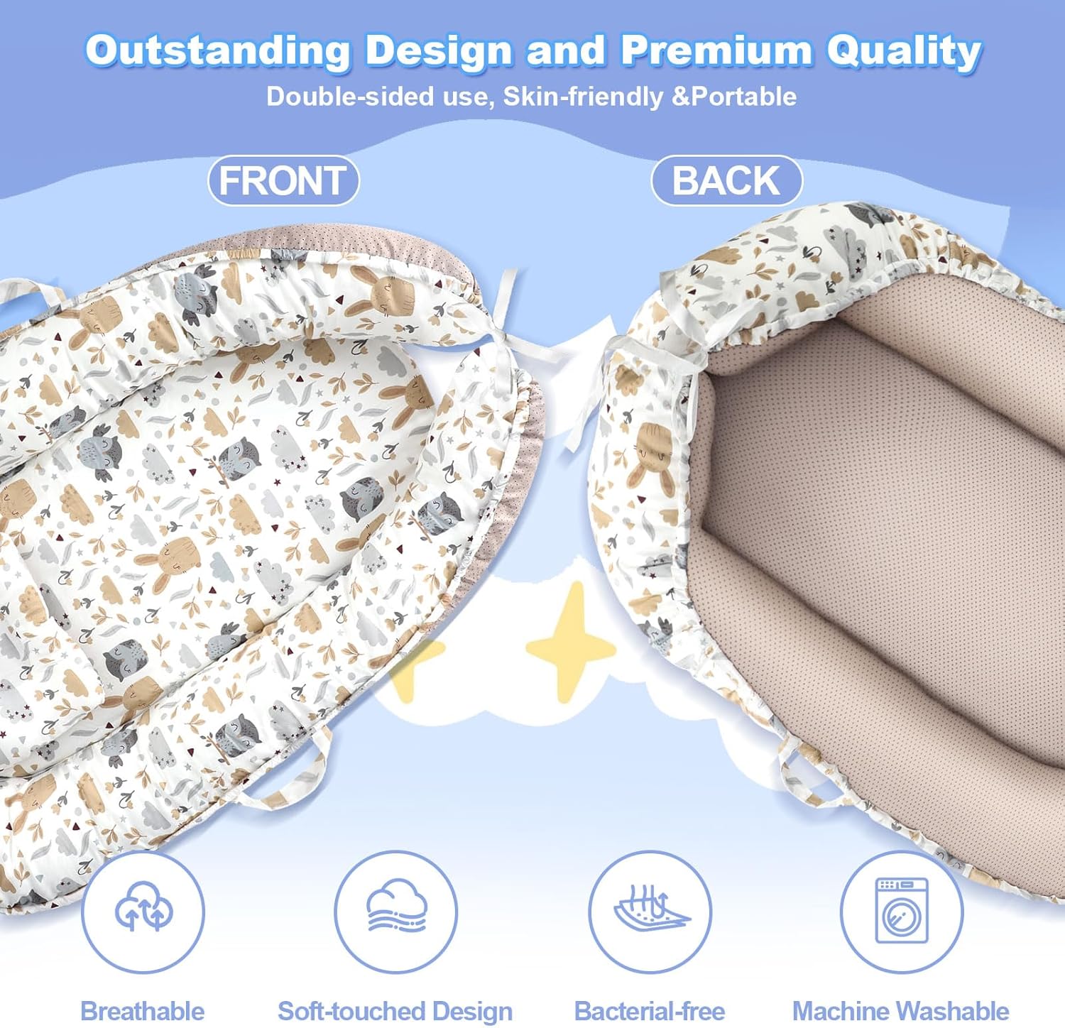 Cozy gray portable baby lounger nest with soft padding, designed for newborn sensory support and floor play — view 2