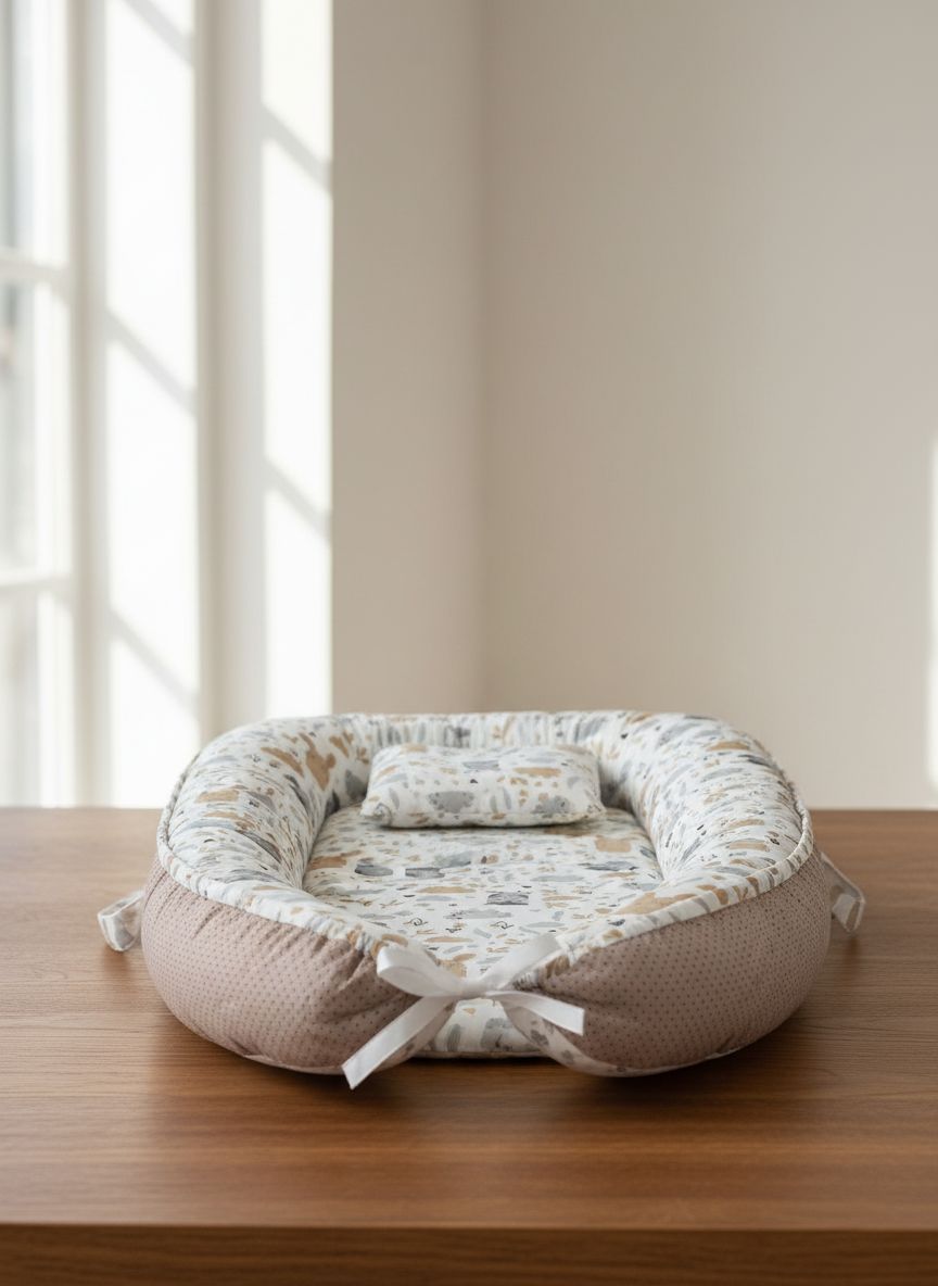 Cozy gray portable baby lounger nest with soft padding, designed for newborn sensory support and floor play — view 2
