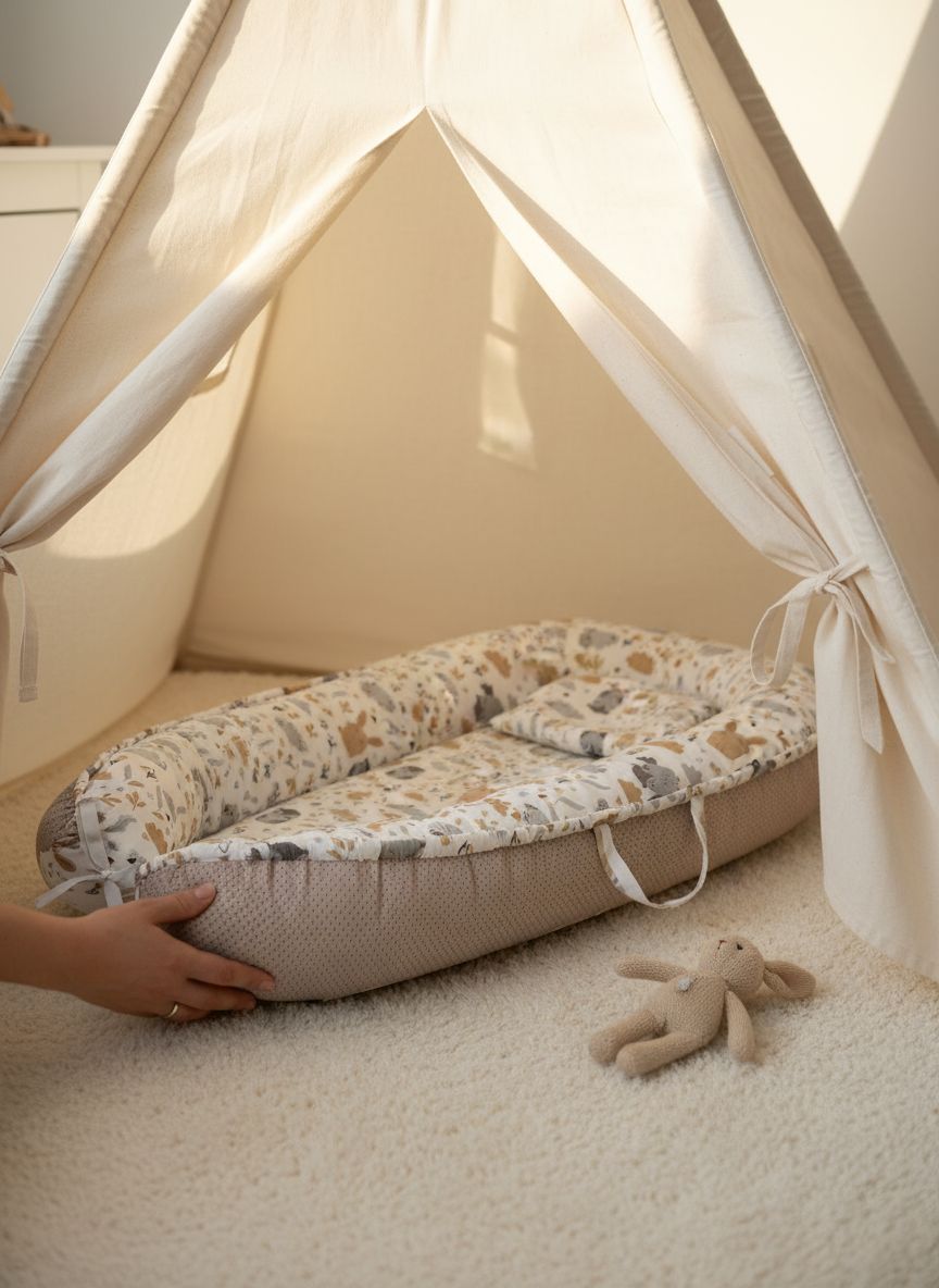 Cozy gray portable baby lounger nest with soft padding, designed for newborn sensory support and floor play — view 3