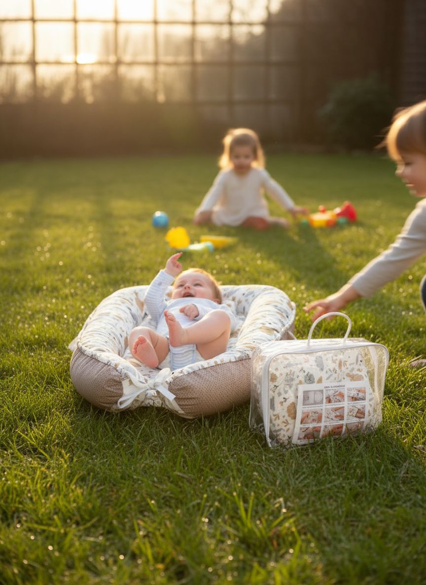 Cozy gray portable baby lounger nest with soft padding, designed for newborn sensory support and floor play — view 3a