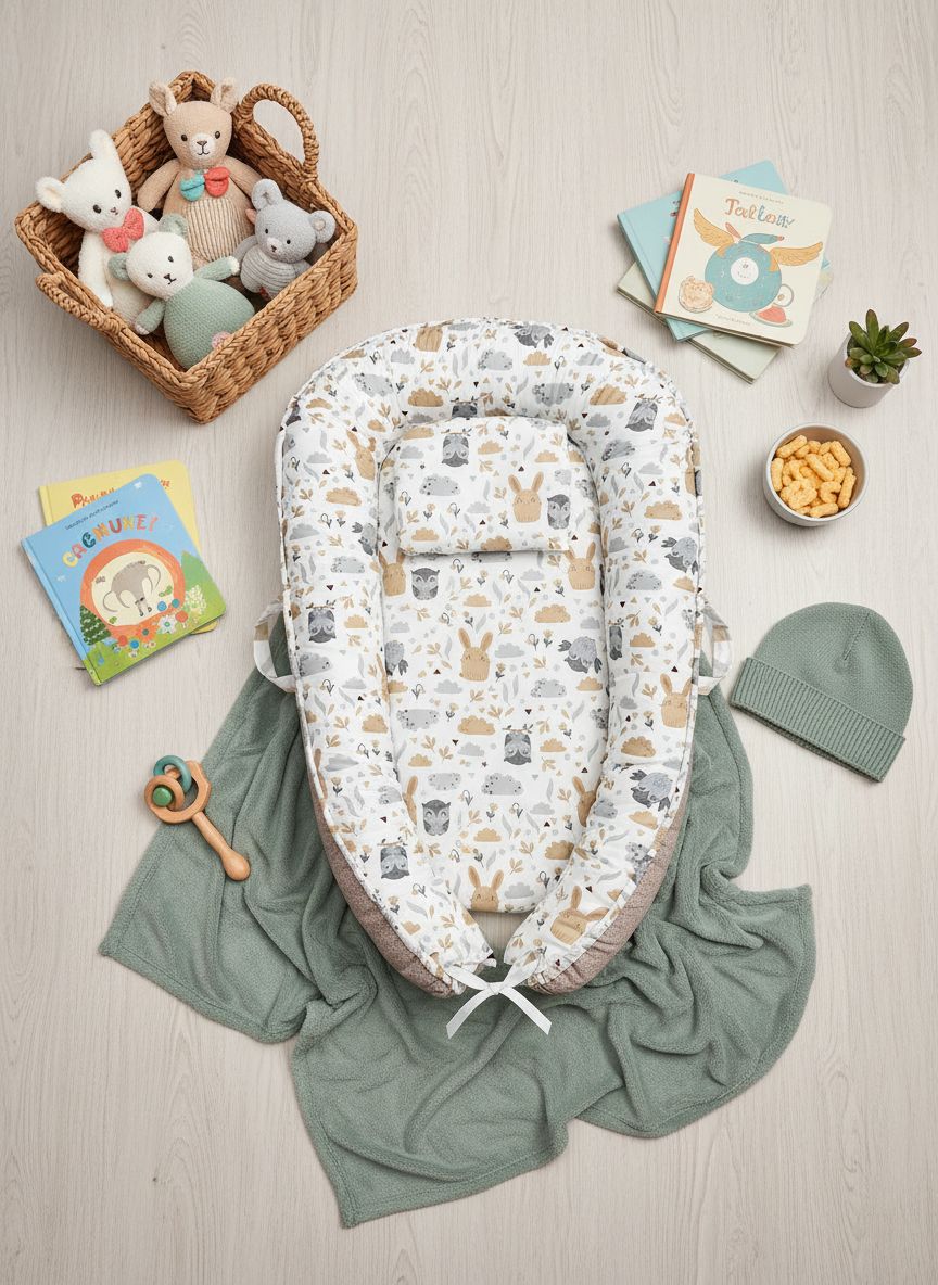 Cozy gray portable baby lounger nest with soft padding, designed for newborn sensory support and floor play — view 5a