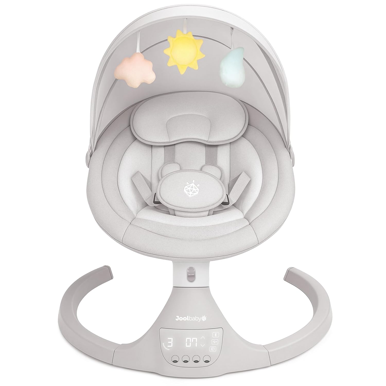 Stone-colored electric motorized infant swing with Bluetooth music player and remote control for newborn soothing — front