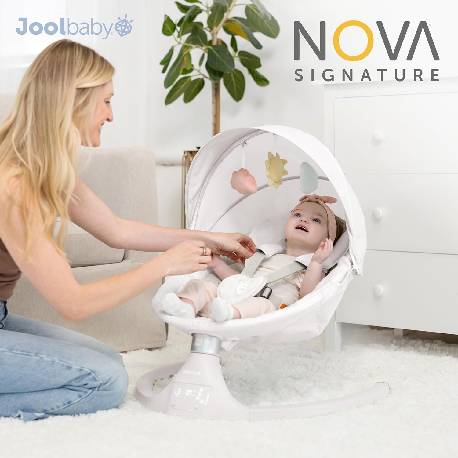 Stone-colored electric motorized infant swing with Bluetooth music player and remote control for newborn soothing — side