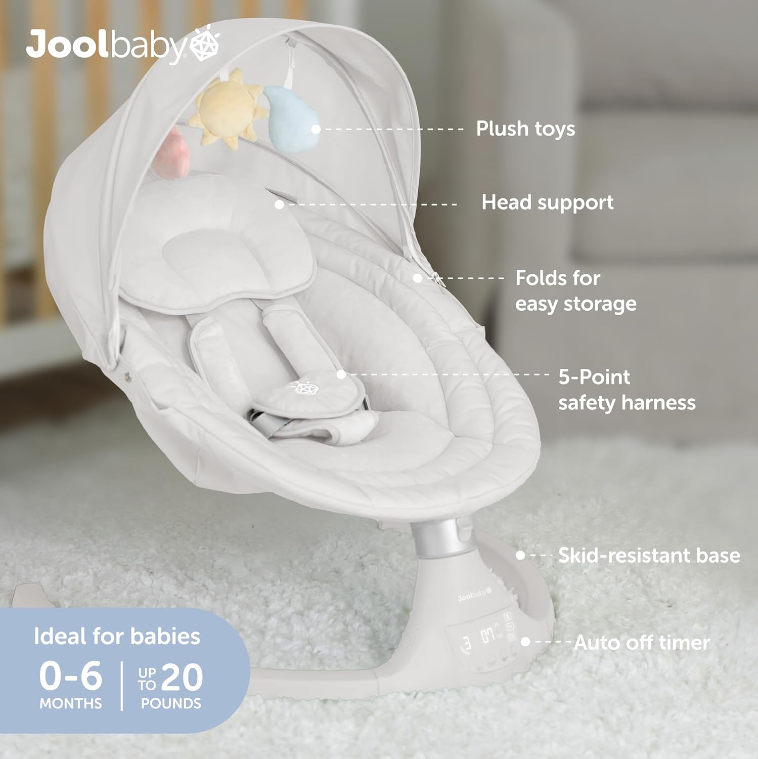Stone-colored electric motorized infant swing with Bluetooth music player and remote control for newborn soothing — back