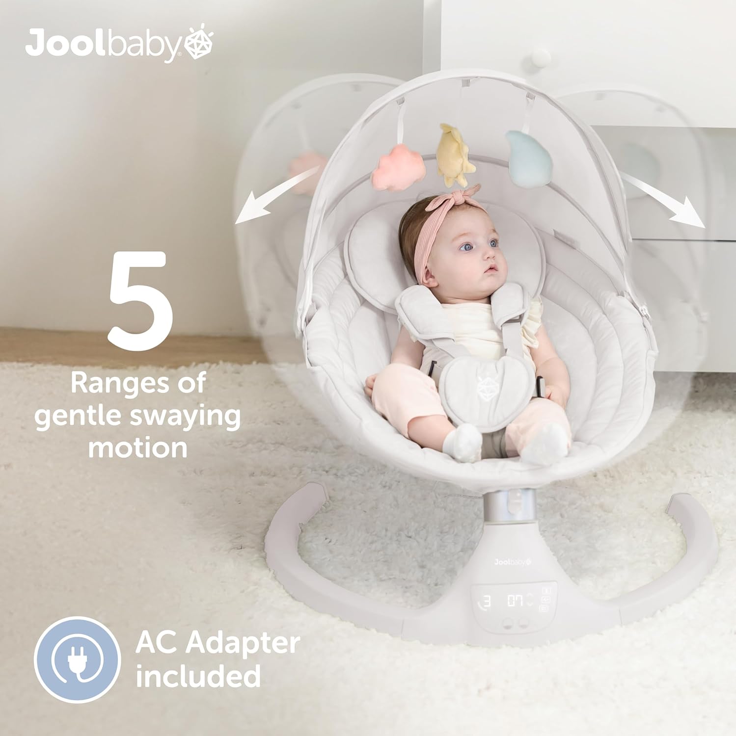 Stone-colored electric motorized infant swing with Bluetooth music player and remote control for newborn soothing — detail
