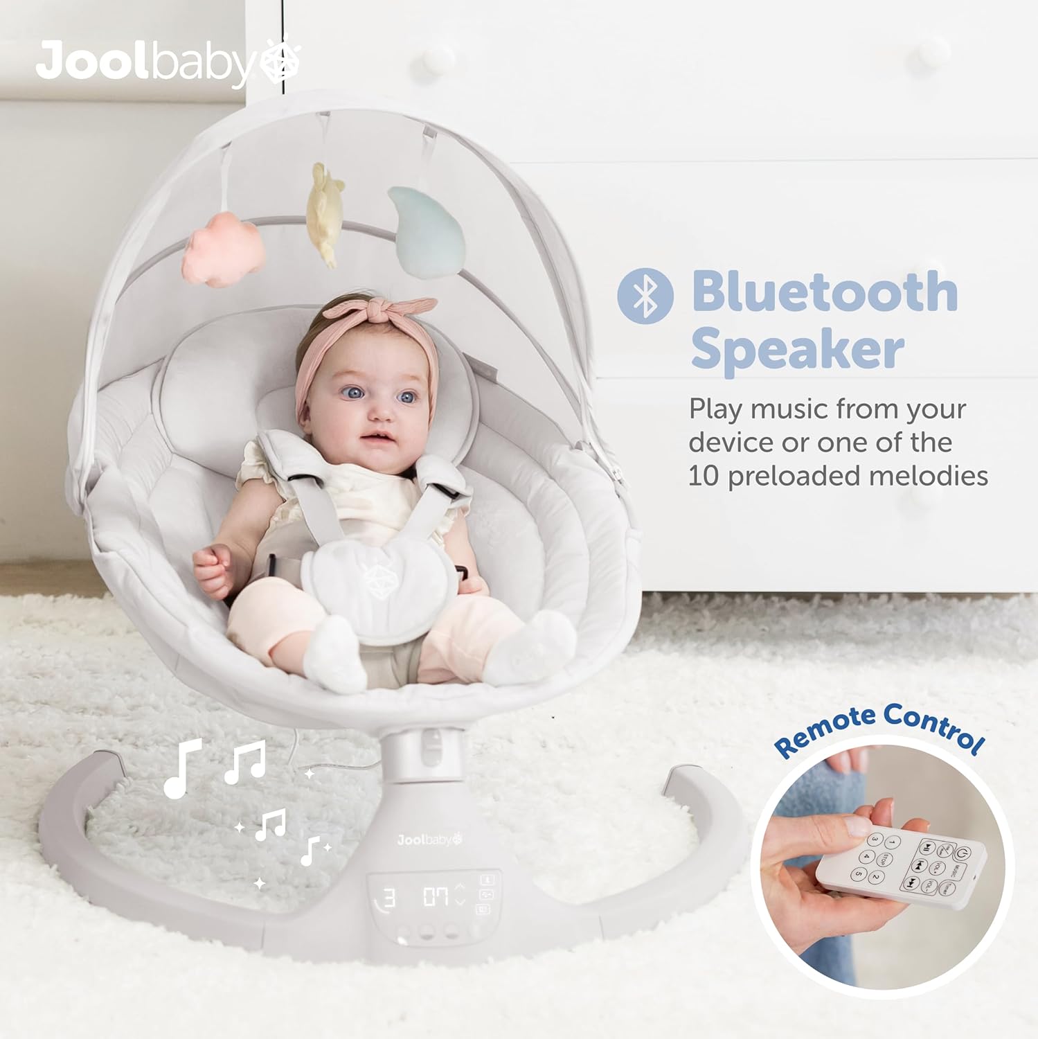 Stone-colored electric motorized infant swing with Bluetooth music player and remote control for newborn soothing — view 2