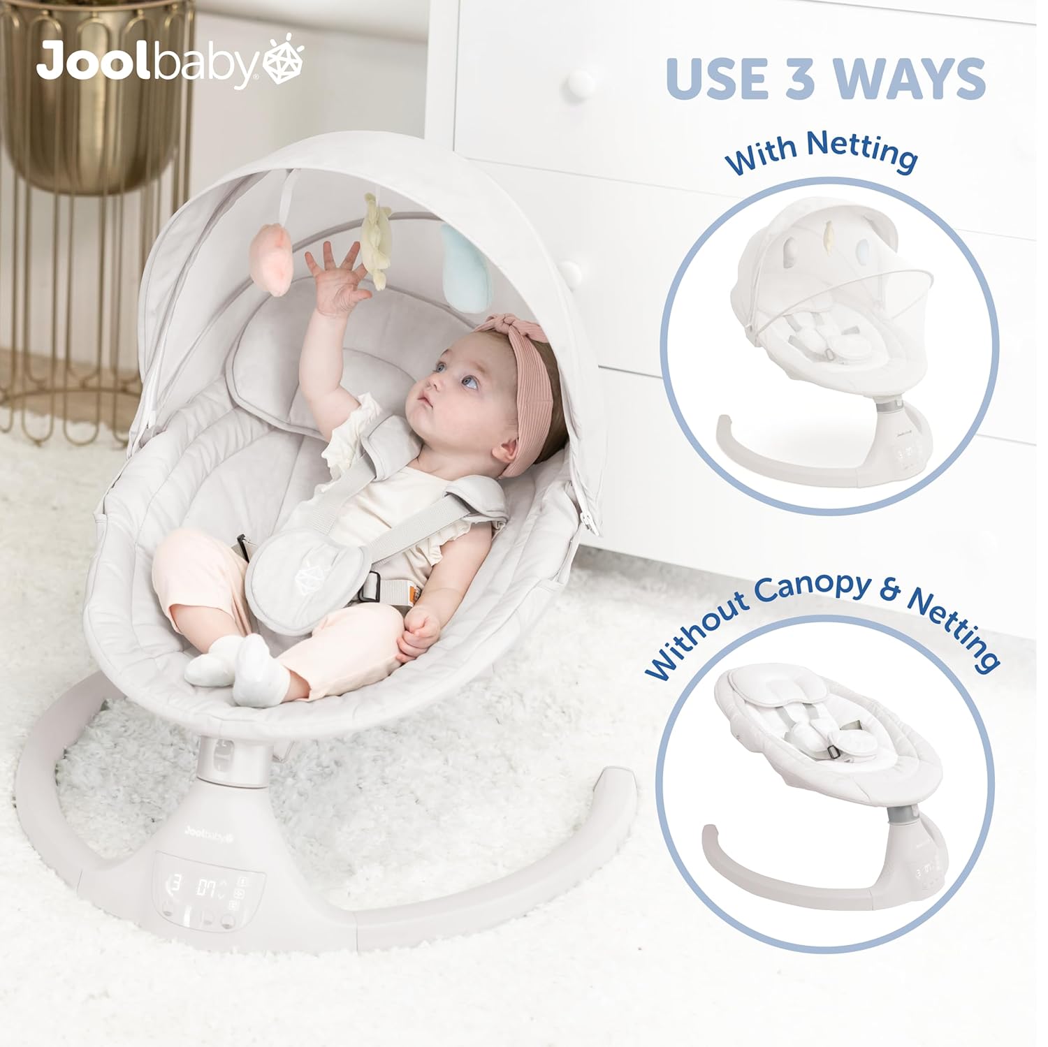Stone-colored electric motorized infant swing with Bluetooth music player and remote control for newborn soothing — view 3