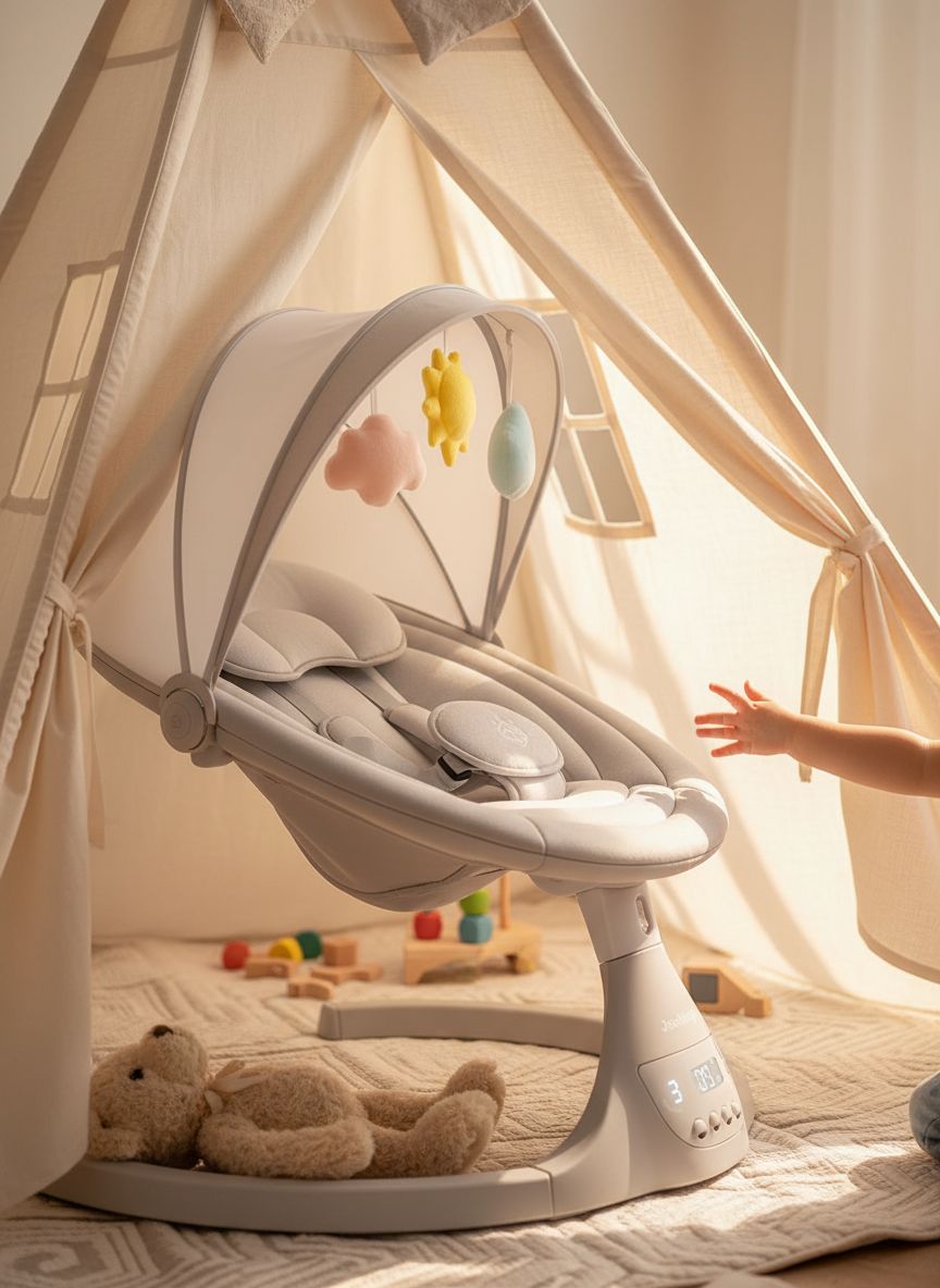 Stone-colored electric motorized infant swing with Bluetooth music player and remote control for newborn soothing — view 3