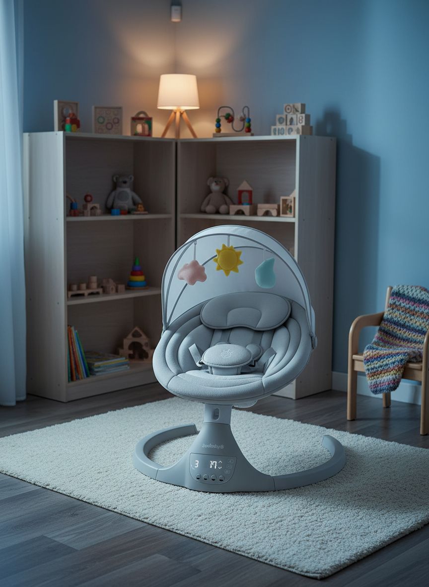 Stone-colored electric motorized infant swing with Bluetooth music player and remote control for newborn soothing — view 2