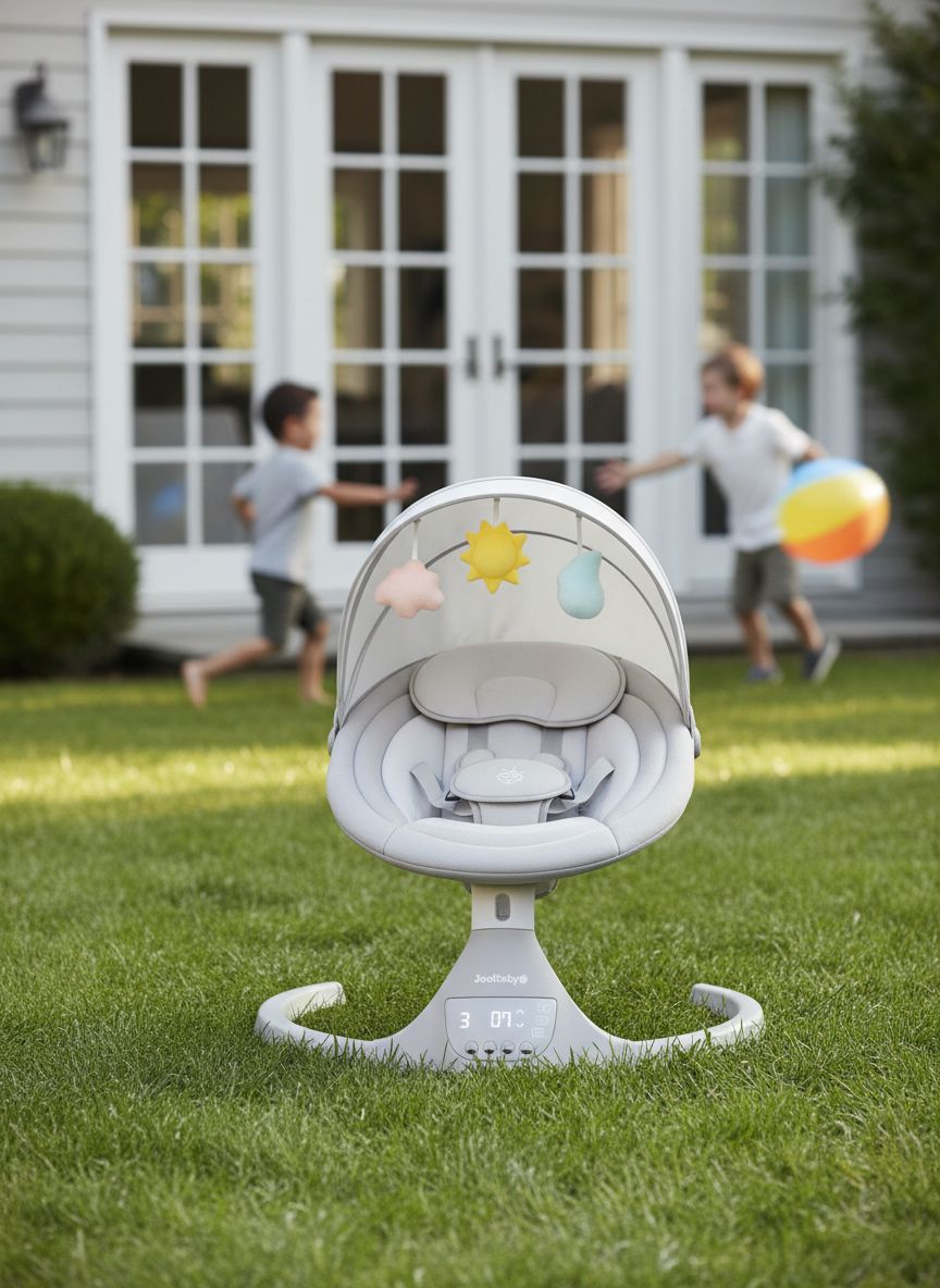 Stone-colored electric motorized infant swing with Bluetooth music player and remote control for newborn soothing — view 3a