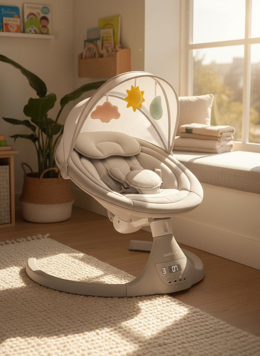 Stone-colored electric motorized infant swing with Bluetooth music player and remote control for newborn soothing — view 4