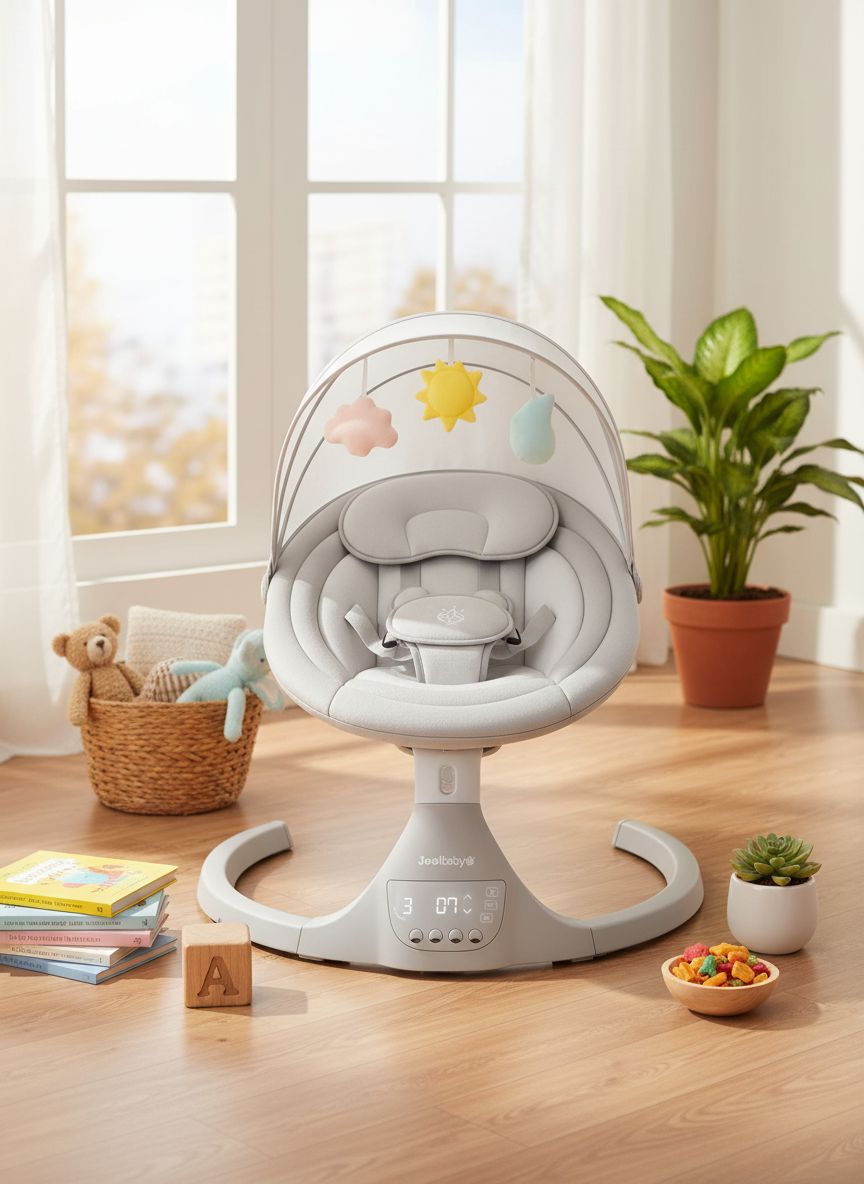 Stone-colored electric motorized infant swing with Bluetooth music player and remote control for newborn soothing — view 5a