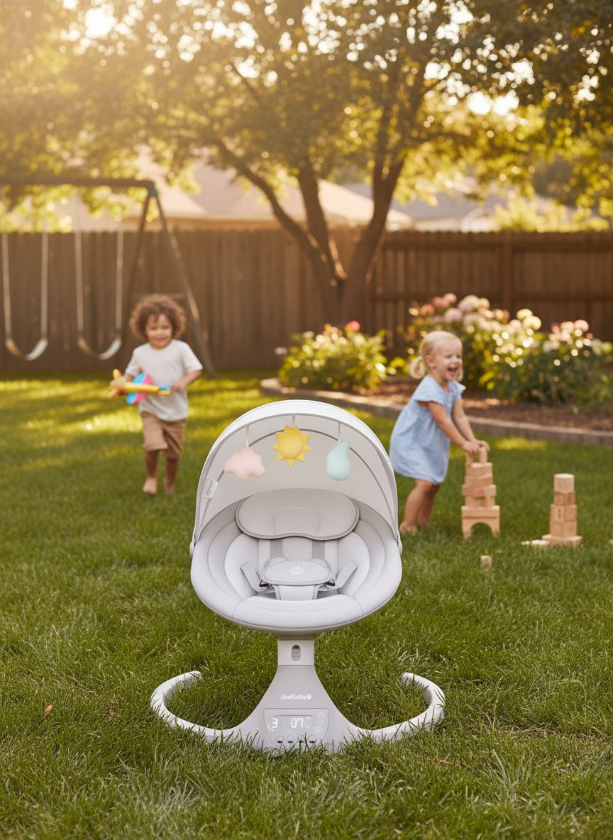 Stone-colored electric motorized infant swing with Bluetooth music player and remote control for newborn soothing — view 6
