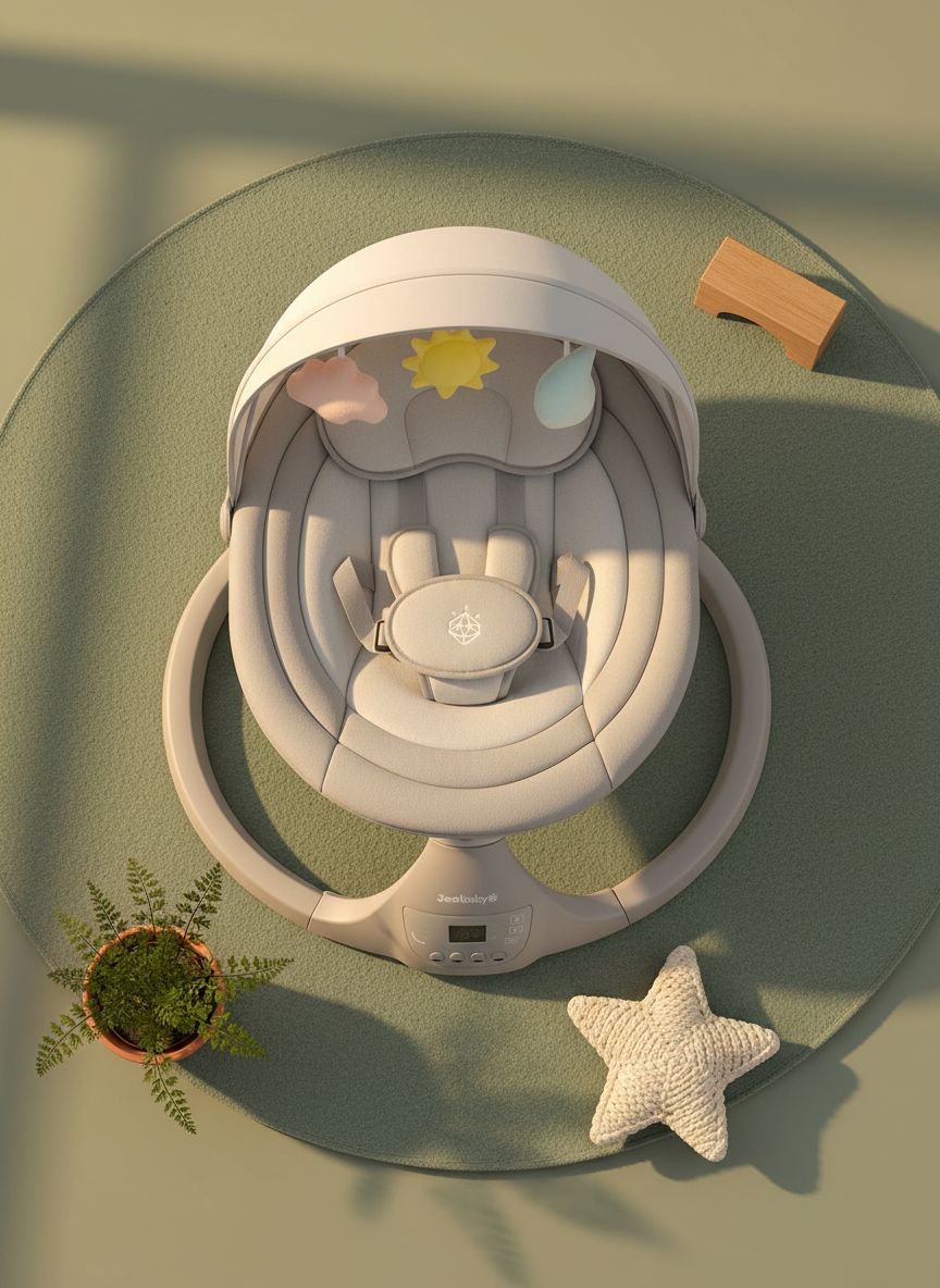 Stone-colored electric motorized infant swing with Bluetooth music player and remote control for newborn soothing — view 7a
