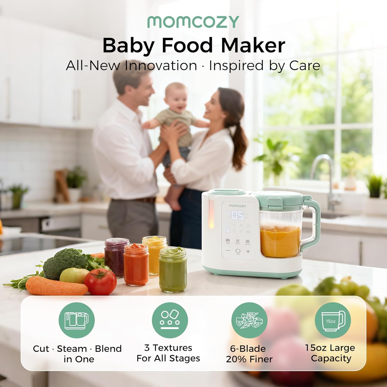 Modern stainless steel baby food maker with 15oz cup and 6-blade design, showing steam and blend function for homemade purees — view 2