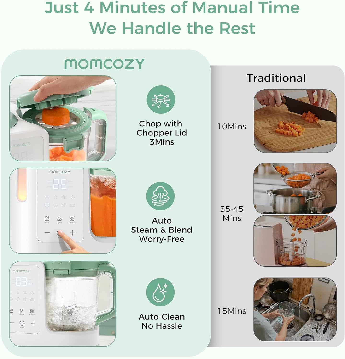 Modern stainless steel baby food maker with 15oz cup and 6-blade design, showing steam and blend function for homemade purees — view 3